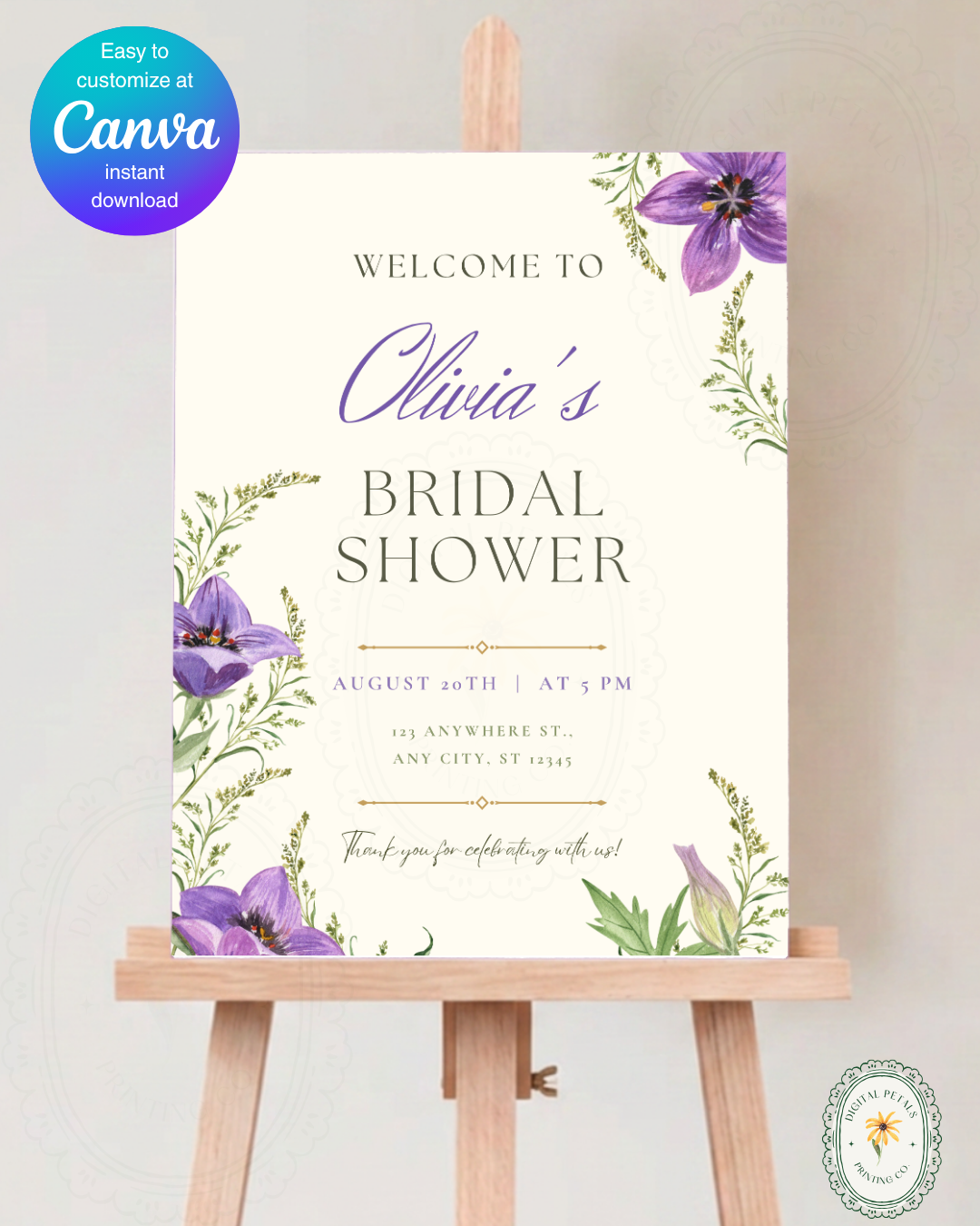 Violet & Periwinkle Wildflower Bridal Shower Welcome Sign | Editable Canva Template | Digital Download