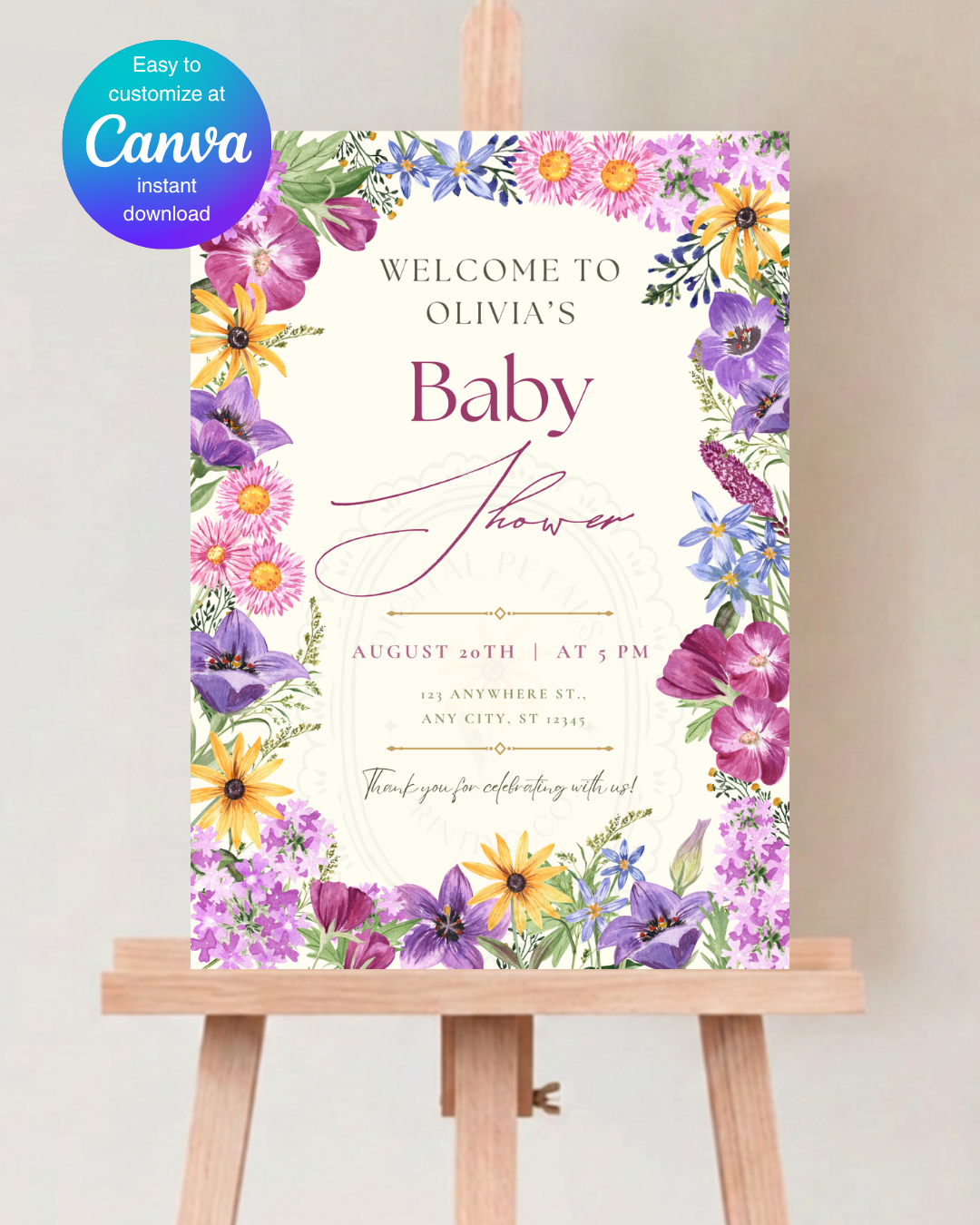 Boho Wildflower Border Baby Shower Welcome Sign | Editable Canva Template | Digital Download