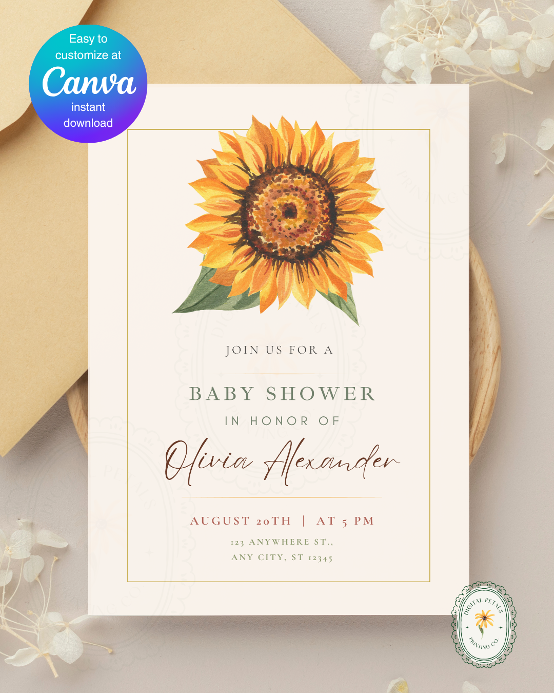 Terracotta & Rust Sunflower Baby Shower Invitation — Editable Digital Download Template