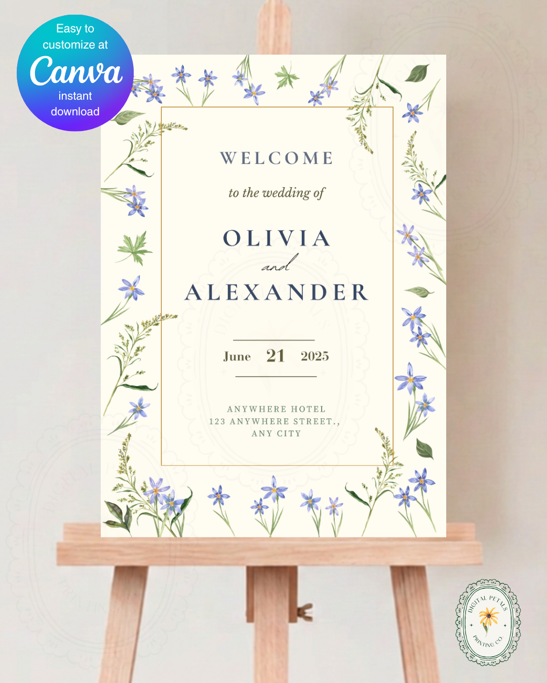 Dusty Blue Floral Botanical Wedding Welcome Sign | Editable Canva Template | Digital Download