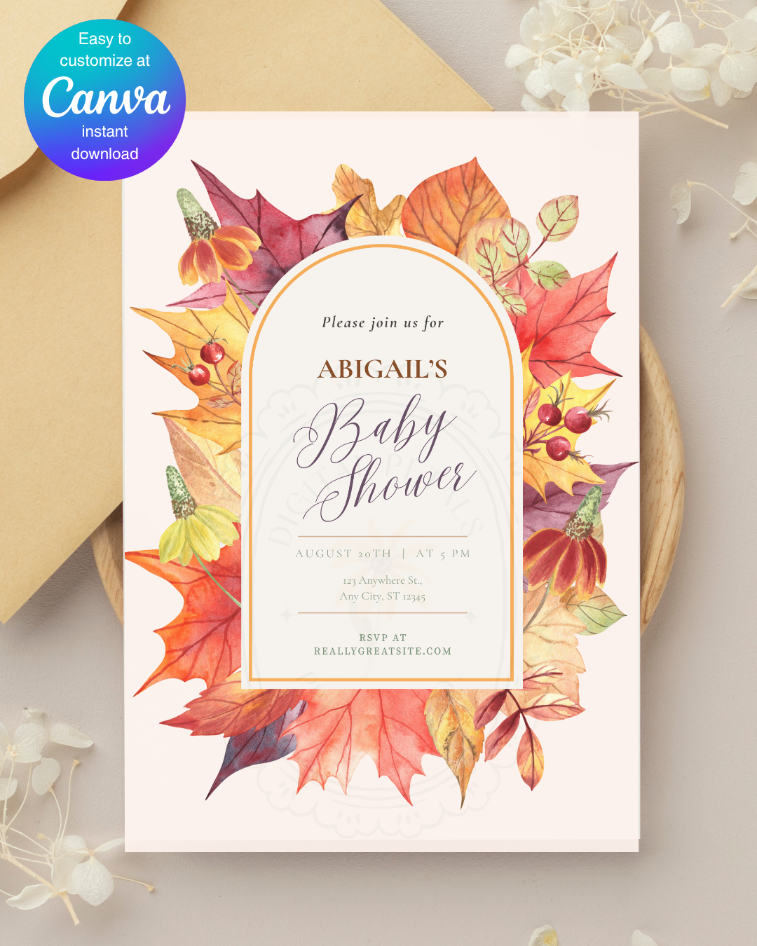 Autumn Harvest Wildflower Boho Baby Shower Invitation | Digital Download | Canva Editable