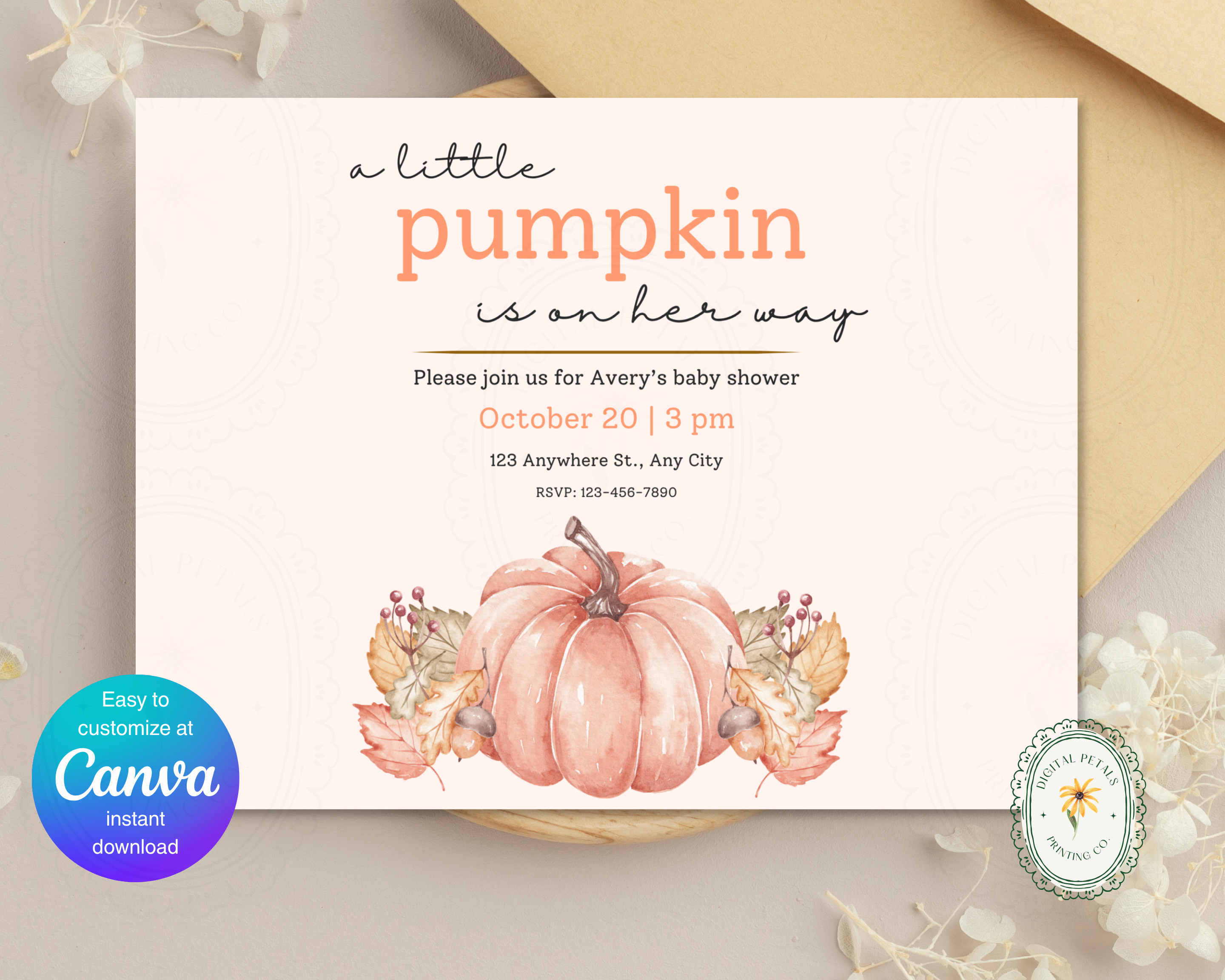 A Little Pumpkin Baby Shower Invitation | Autumn Landscape Digital Download | Canva Editable