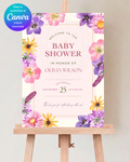 Pink Cottagecore Baby Shower Welcome Sign | Editable Canva Template, Wildflower Floral