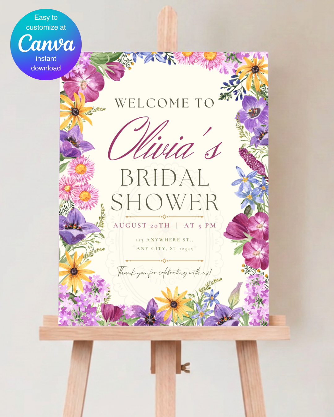 Wildflower Border Bridal Shower Welcome Sign | Editable Canva Template | Digital Download