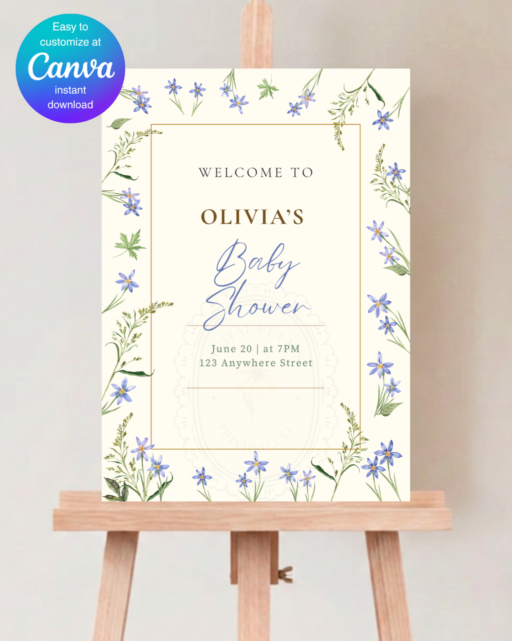 Dusty Blue Floral Botanical Baby Shower Welcome Sign | Editable Canva Template | Digital Download