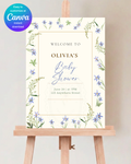 Dusty Blue Floral Botanical Baby Shower Welcome Sign | Editable Canva Template | Digital Download