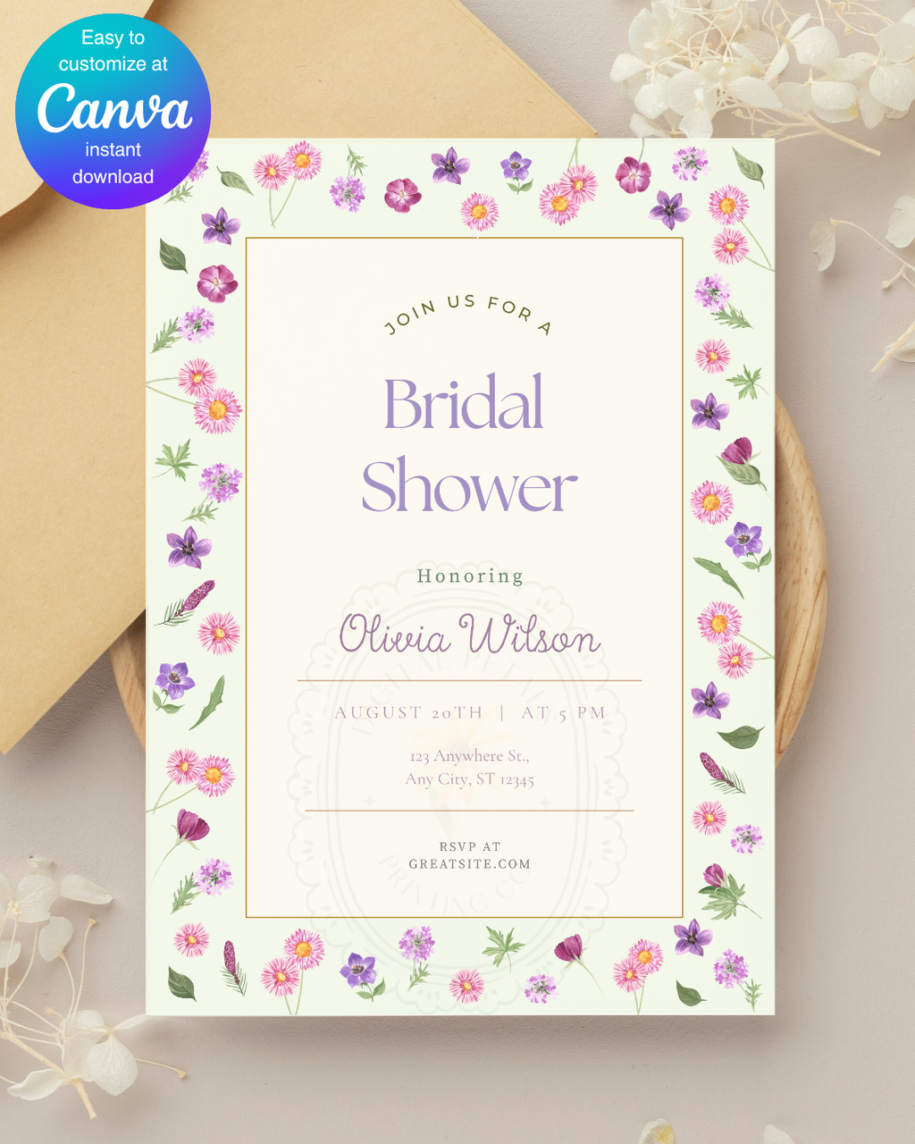 Spring Garden Wildflowers Bridal Shower Invitation Template | Editable Canva Digital Download