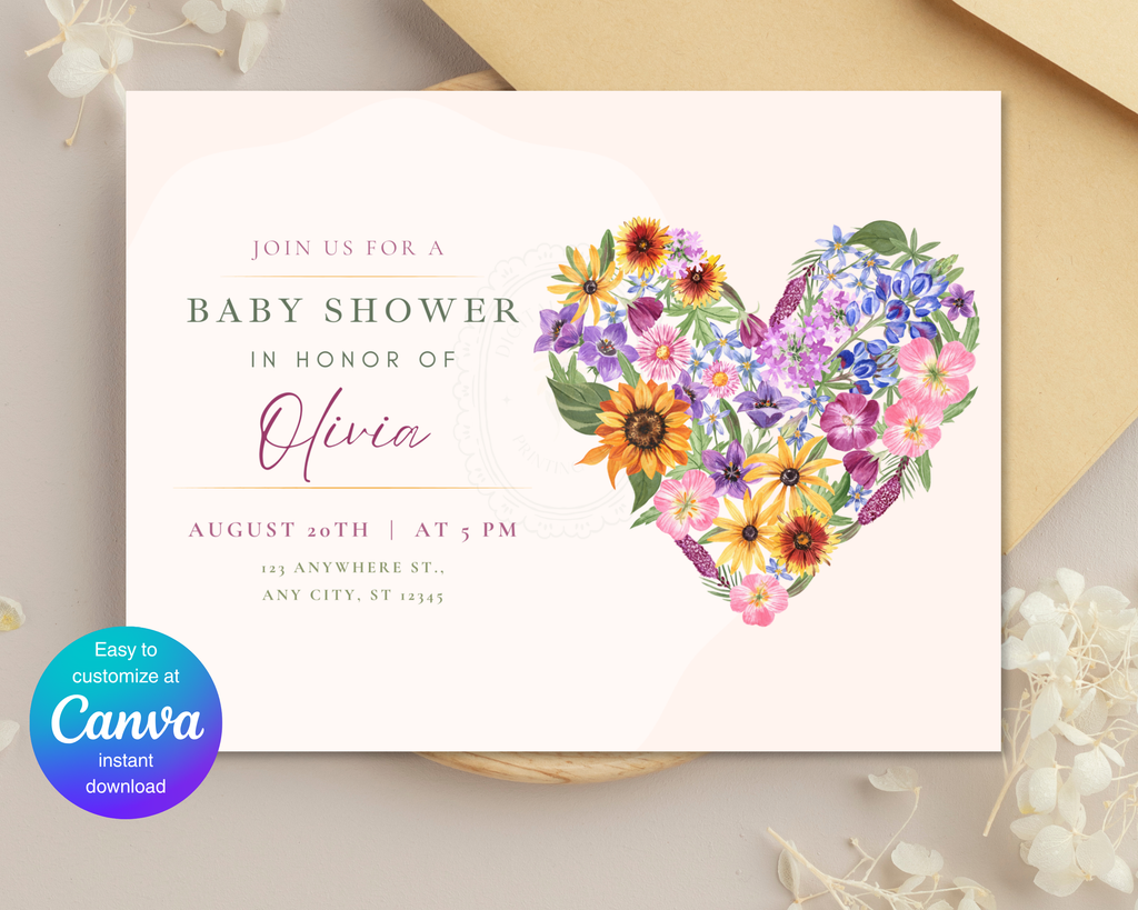 Lavender Cream Spring Heart Baby Shower Landscape Invitation | Floral Digital Download | Canva Editable