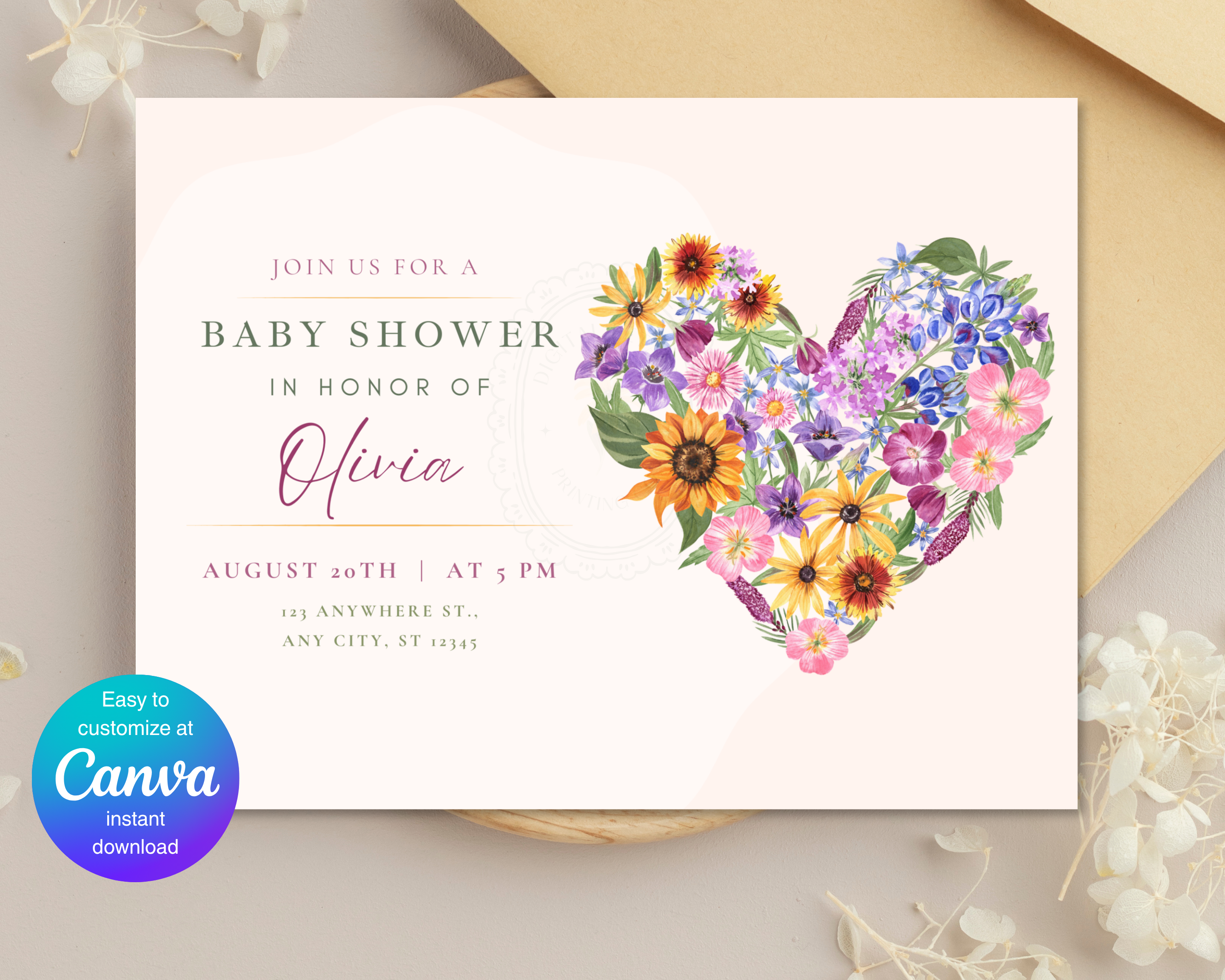 Lavender Cream Spring Heart Baby Shower Landscape Invitation | Floral Digital Download | Canva Editable