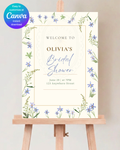 Dusty Blue Floral Botanical Bridal Shower Welcome Sign | Editable Canva Template | Digital Download