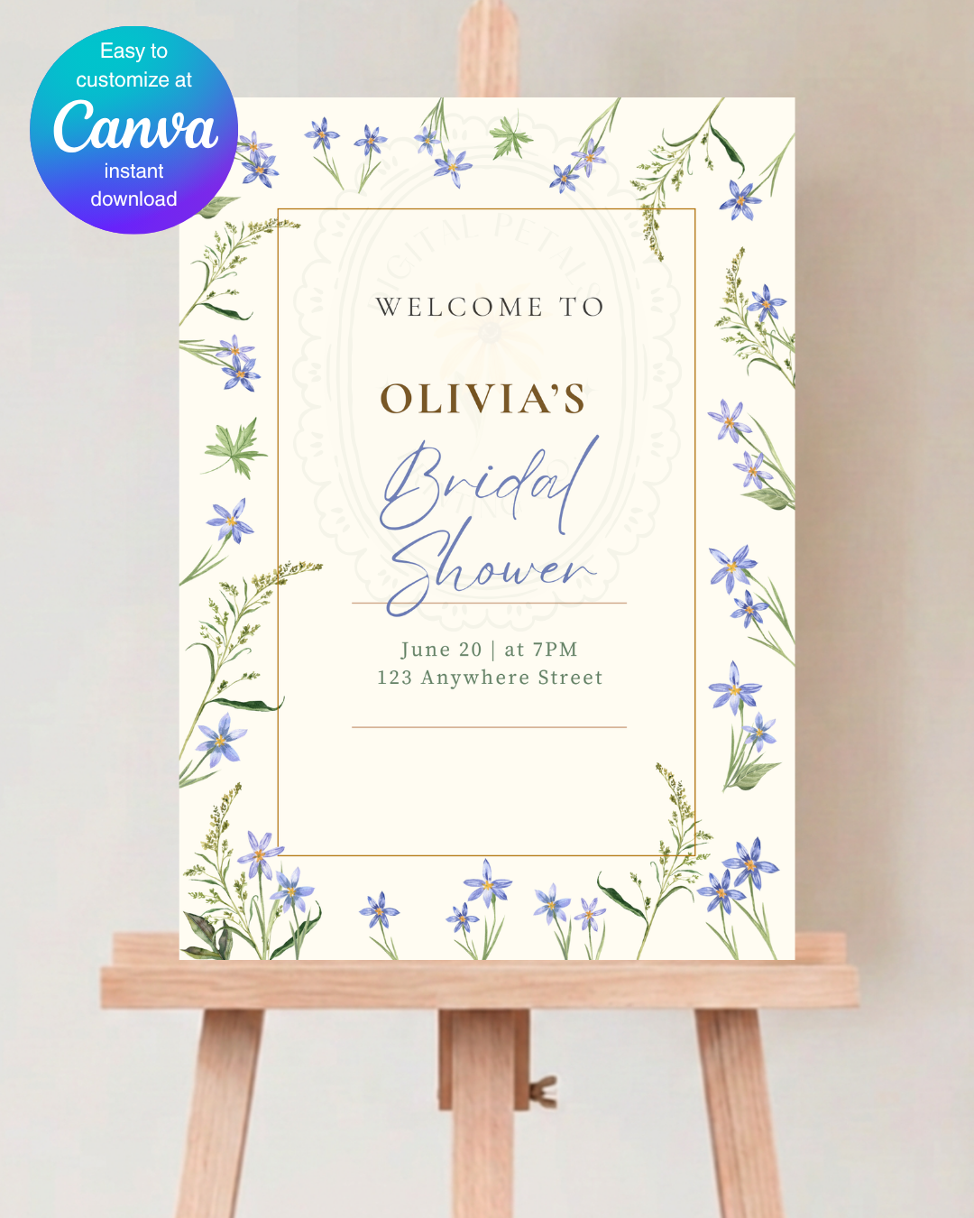 Dusty Blue Floral Botanical Bridal Shower Welcome Sign | Editable Canva Template | Digital Download