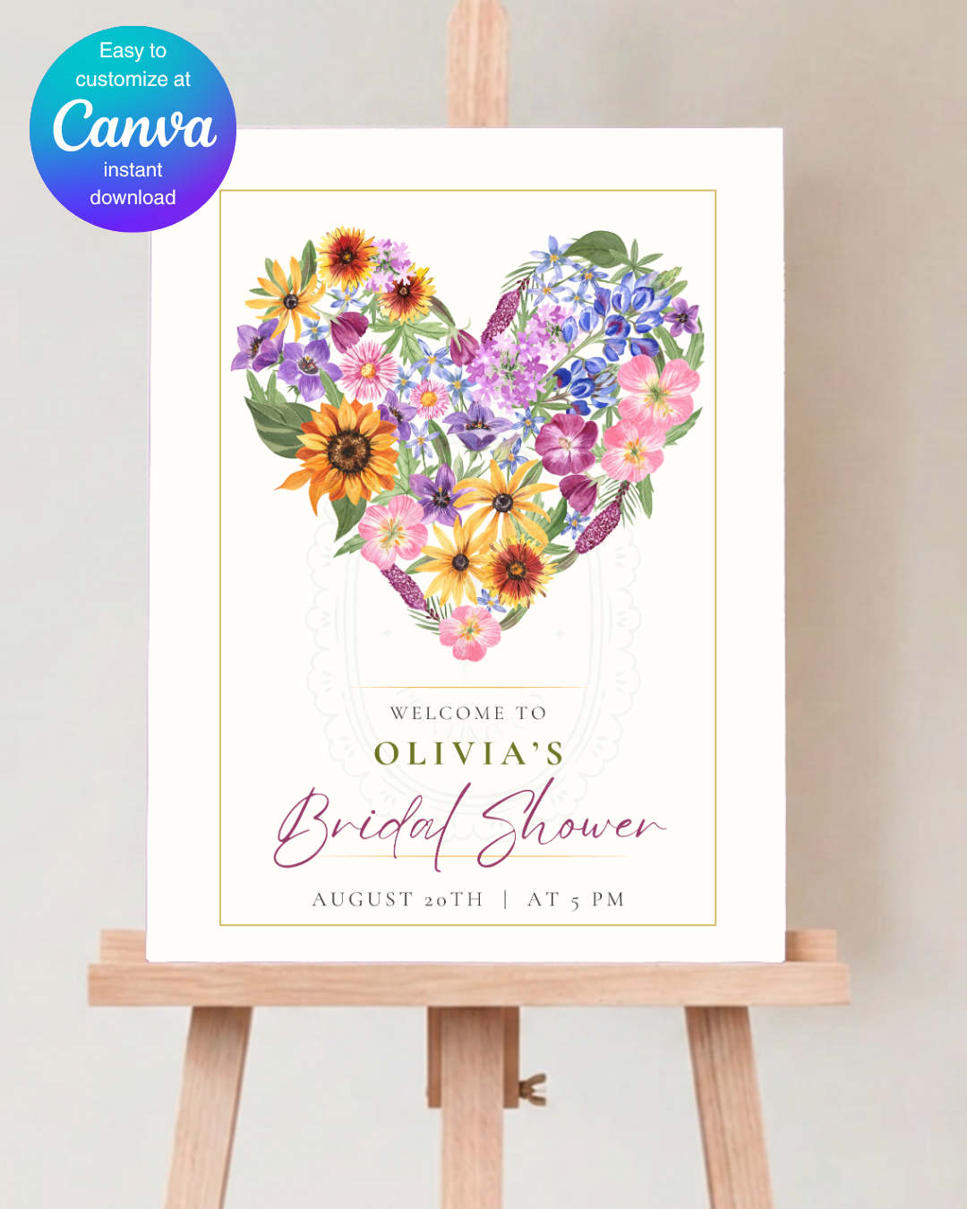Wildflower Heart Bridal Shower Welcome Sign | Editable Canva Template | Digital Download