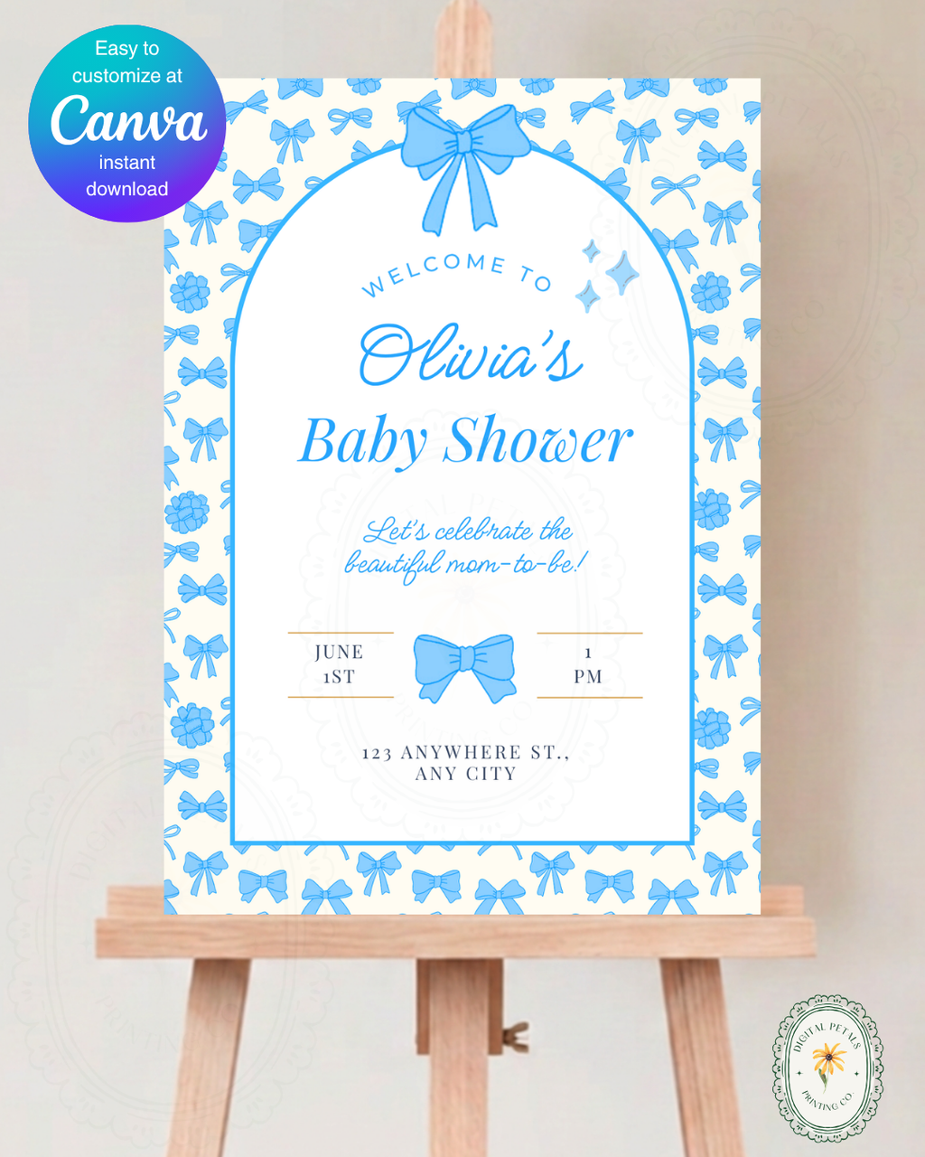 Baby Boy Shower Welcome Sign Template | Blue Ribbons & Bows | Canva Editable