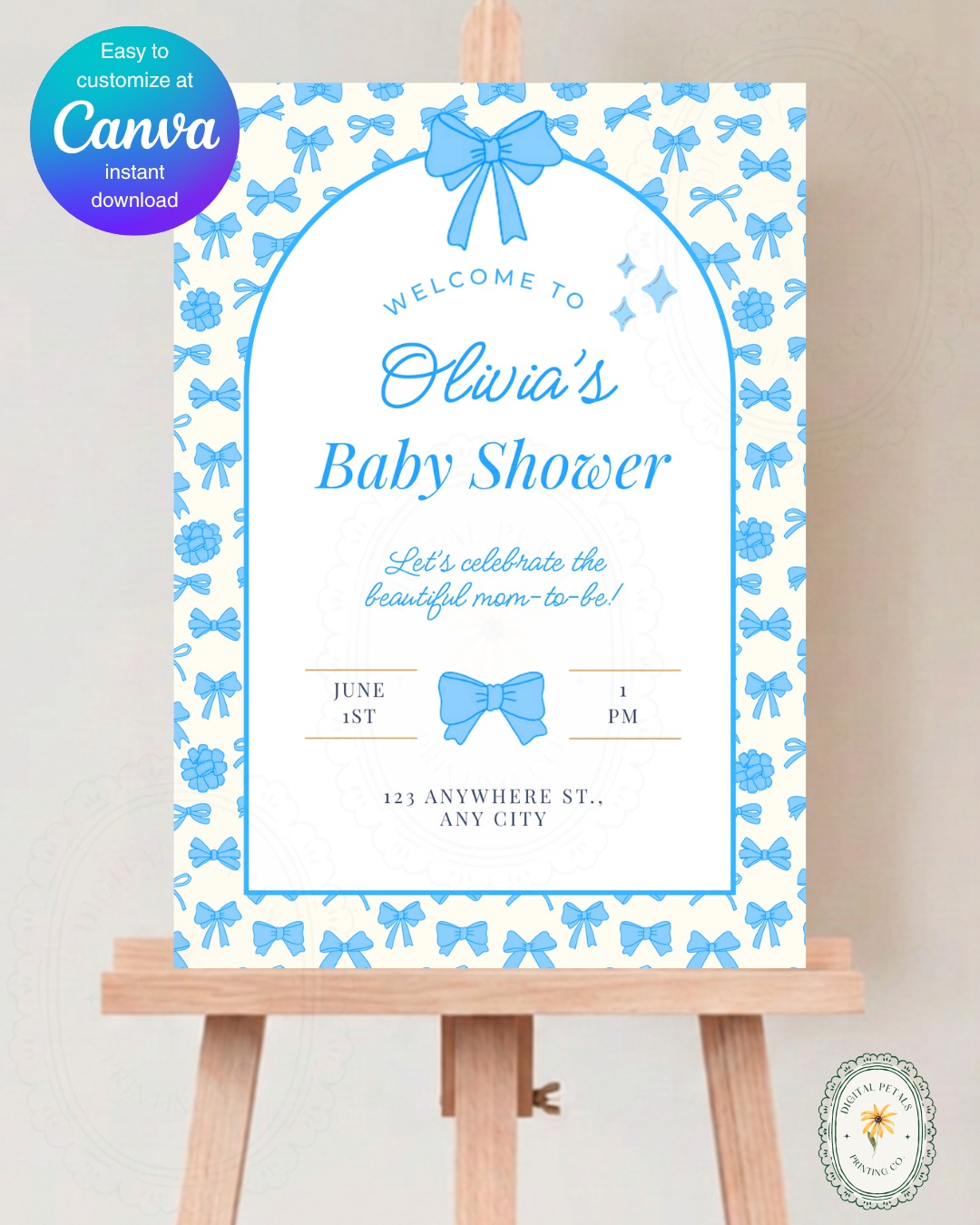 Baby Boy Shower Welcome Sign Template | Blue Ribbons & Bows | Canva Editable