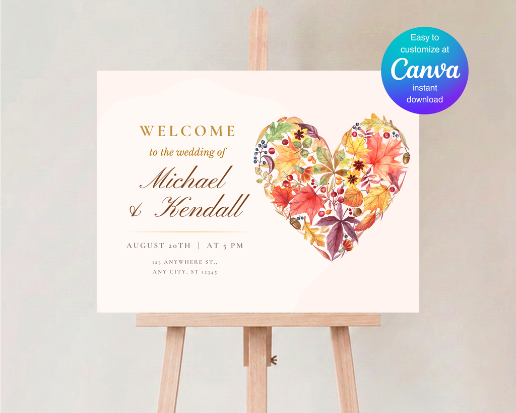 Fall Wildflower Wedding Welcome Sign | Boho Heart Border | Editable Canva Digital Download | Print at Home