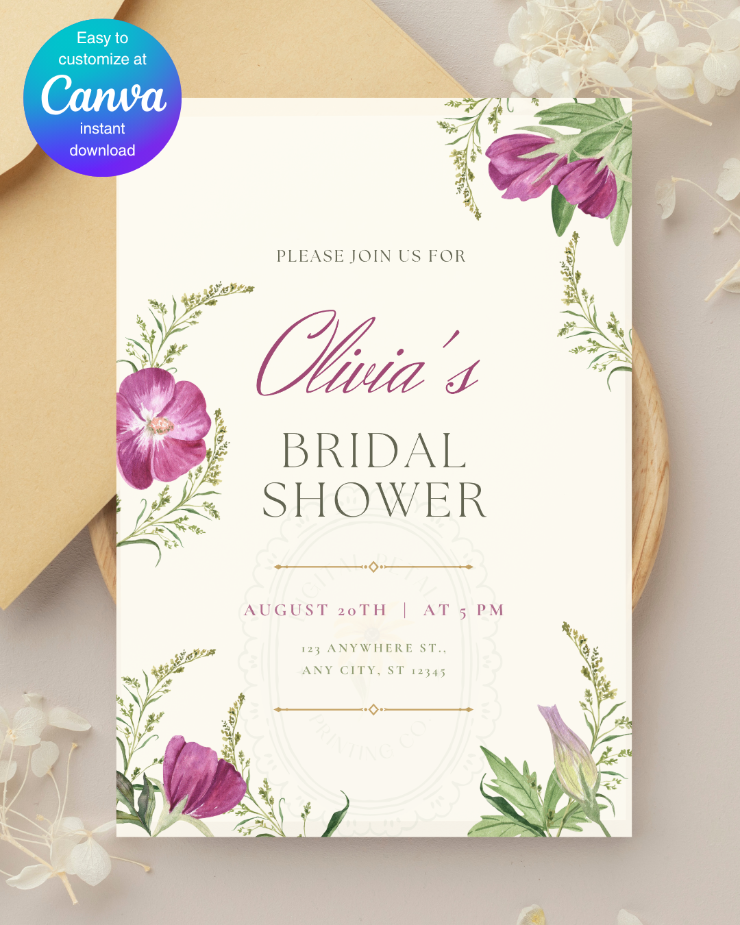 Lavender & Lilac Wildflower Bridal Shower Invitation | Minimalist Printable Invite | Digital Download