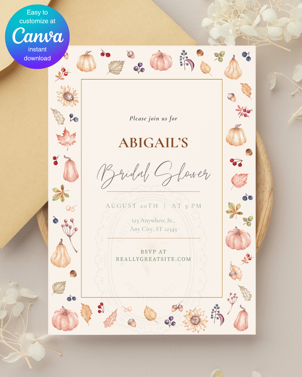 Autumn Harvest Wildflowers Bridal Shower Invitation Template | Editable Canva Digital Download