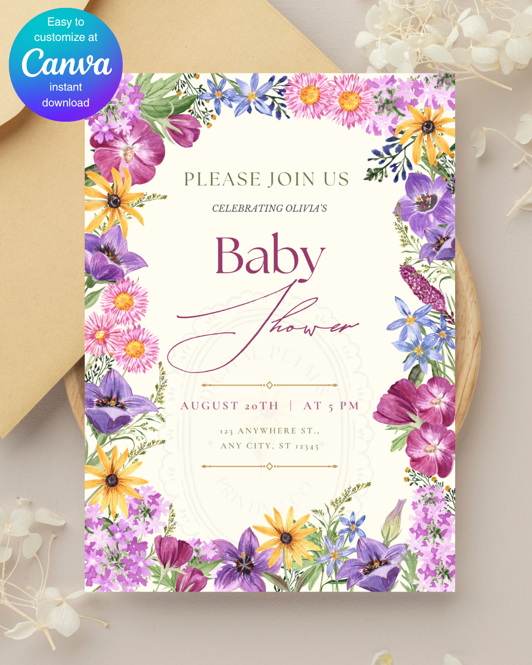 Boho Wildflower Baby Shower Invitation | Printable Floral Invite | Digital Download