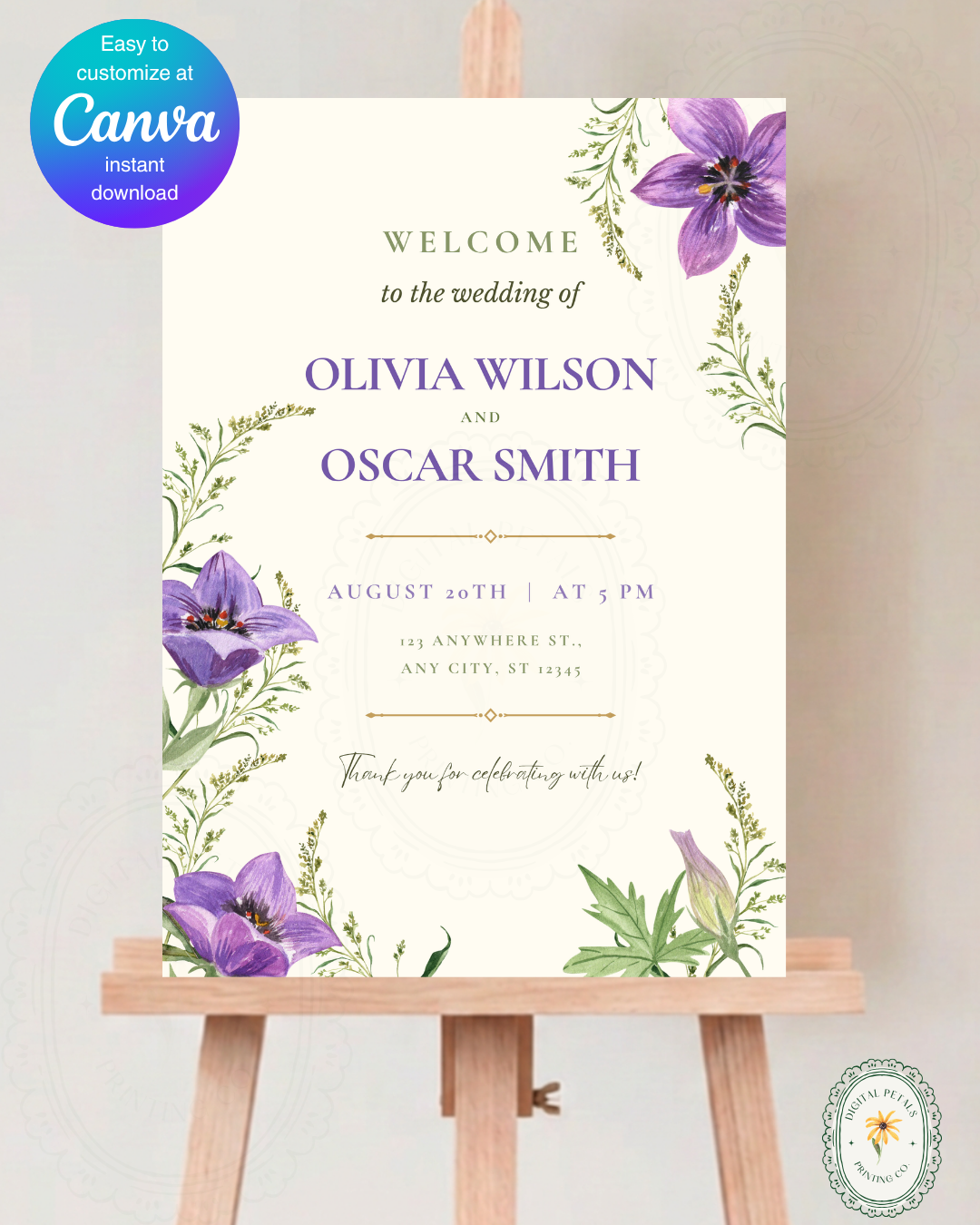 Violet & Periwinkle Wildflower Wedding Welcome Sign | Editable Canva Template | Digital Download
