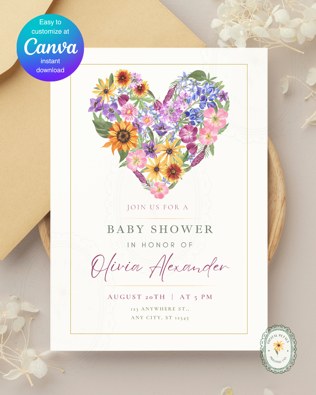 Boho Wildflower Heart Baby Shower Invitation — Editable Digital Download Template