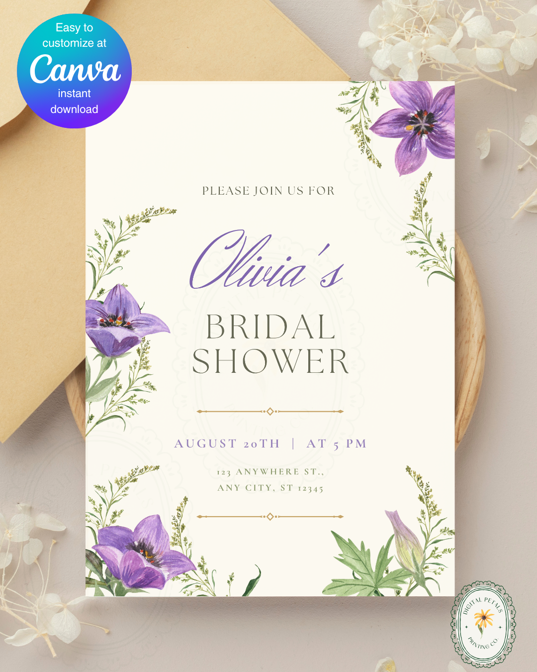 Violet & Periwinkle Wildflower Bridal Shower Invitation | Minimalist Printable Invite | Digital Download