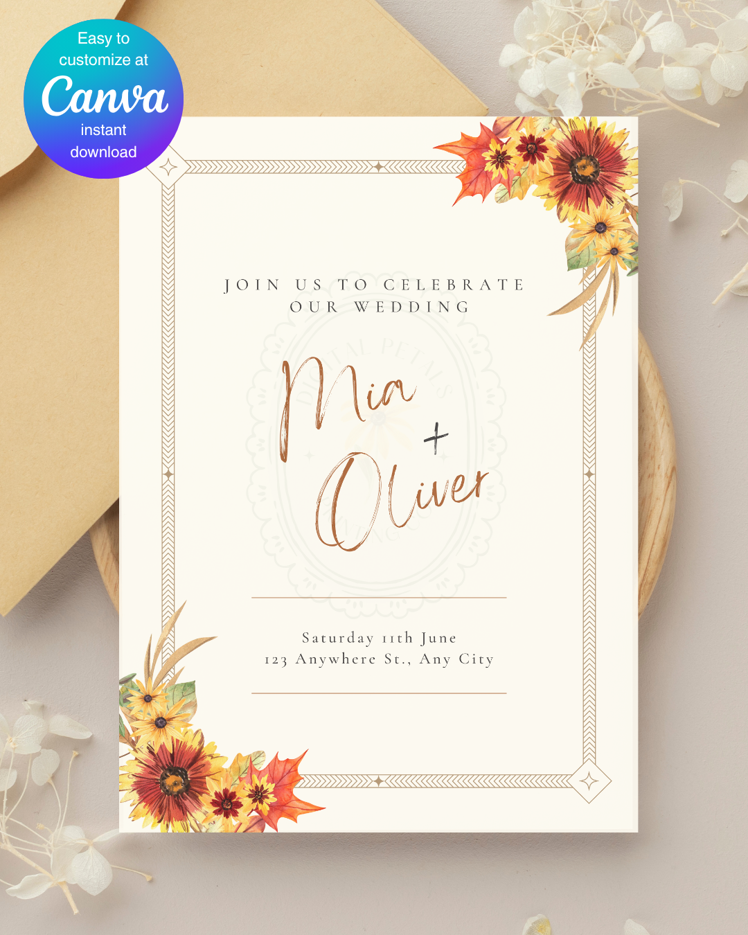 Rustic Fall Wildflowers Wedding Invitation Template | Hand Painted Cottagecore Digital Download