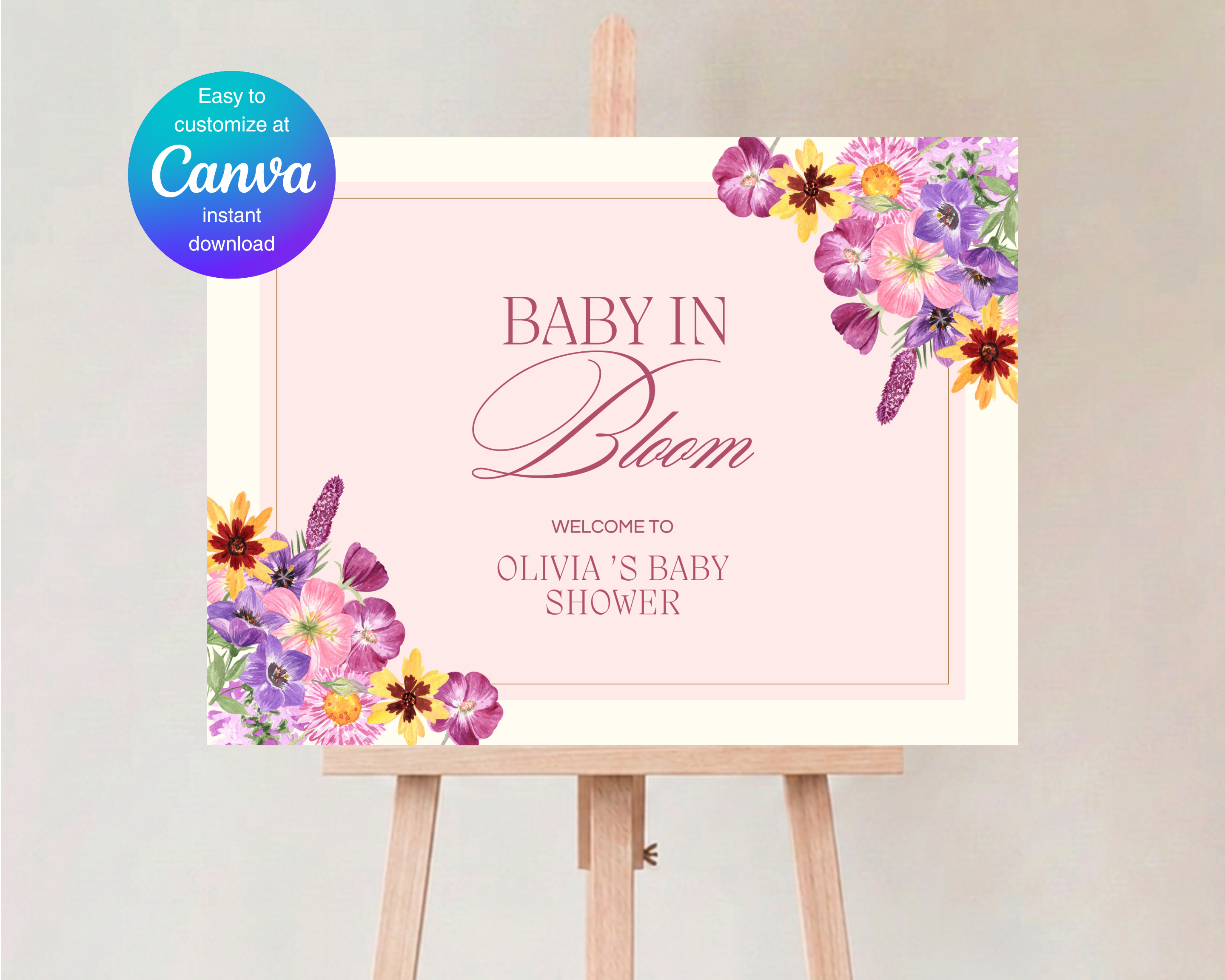 Baby in Bloom Spring Baby Shower Welcome Sign | Floral Canva Template | Editable Digital Download