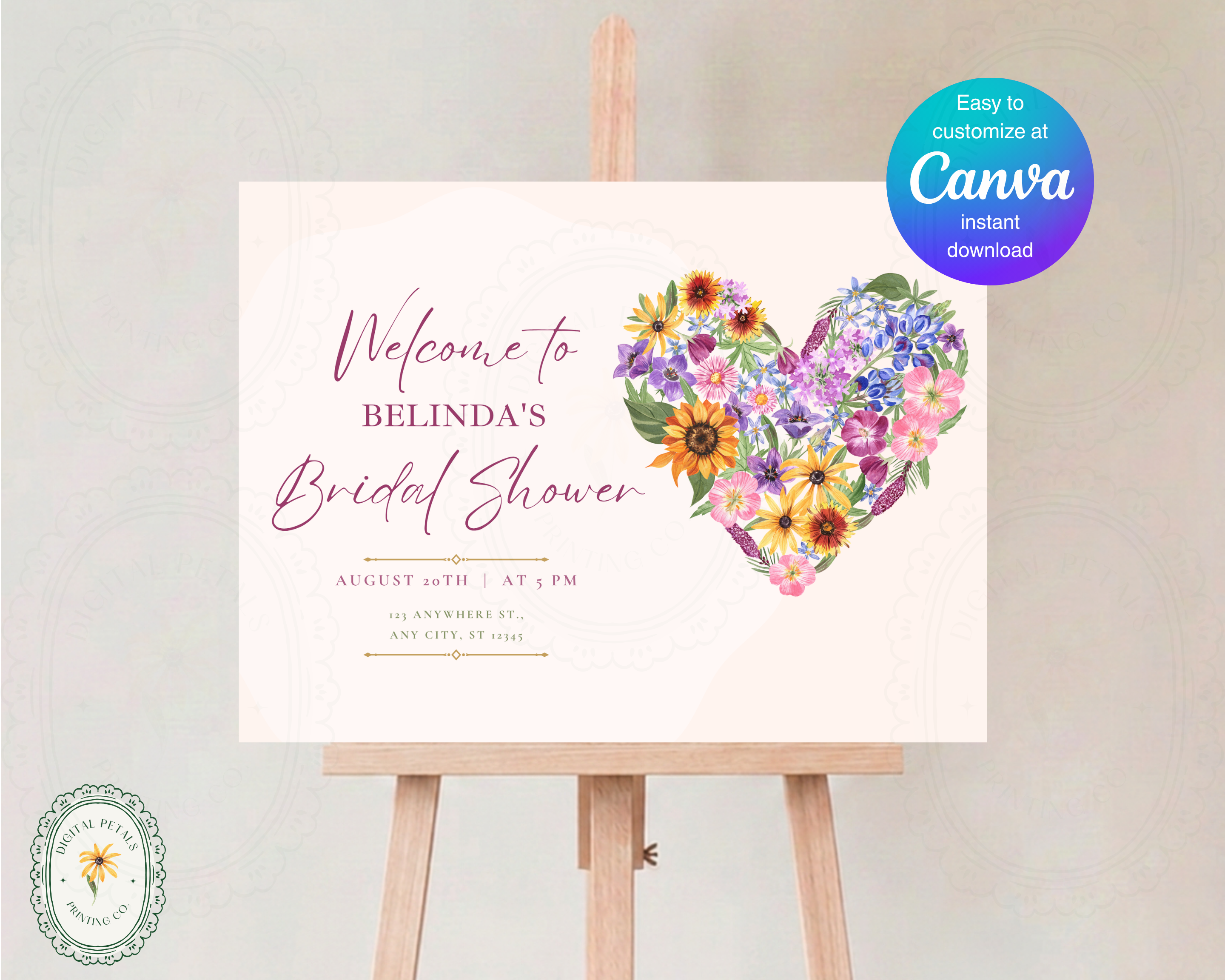 Wildflower Bridal Shower Welcome Sign | Boho Floral Heart Border | Editable Canva Digital Download | Print at Home