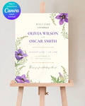 Violet & Periwinkle Wildflower Wedding Welcome Sign | Editable Canva Template | Digital Download