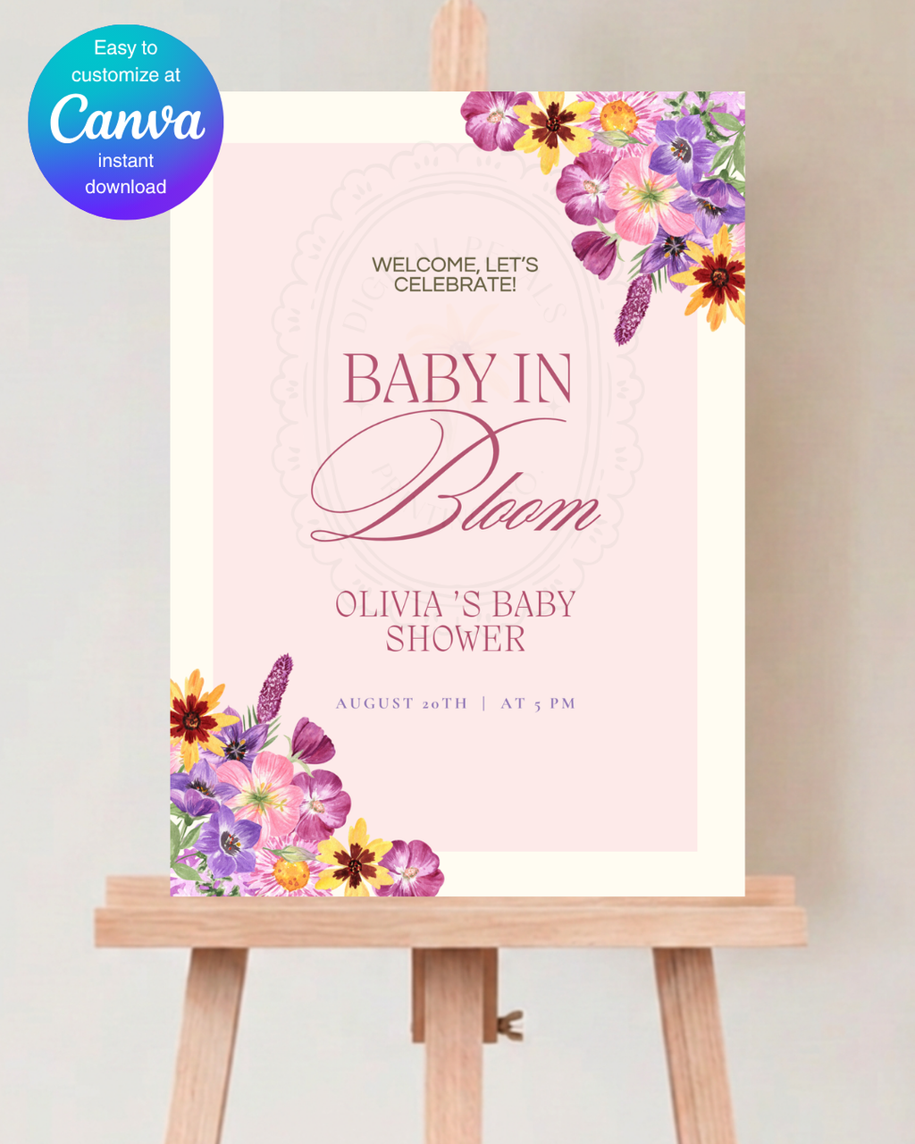 Baby in Bloom Baby Shower Welcome Sign Template | Editable Canva Digital Download