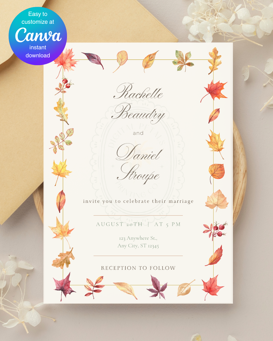 Fall Wedding Invitation Printable | Autumn Wildflower Boho Wedding Invite | Digital Download