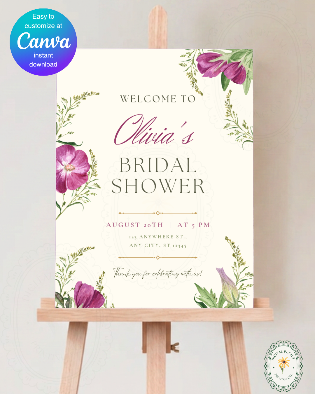 Lavender & Lilac Wildflower Bridal Shower Welcome Sign | Editable Canva Template | Digital Download