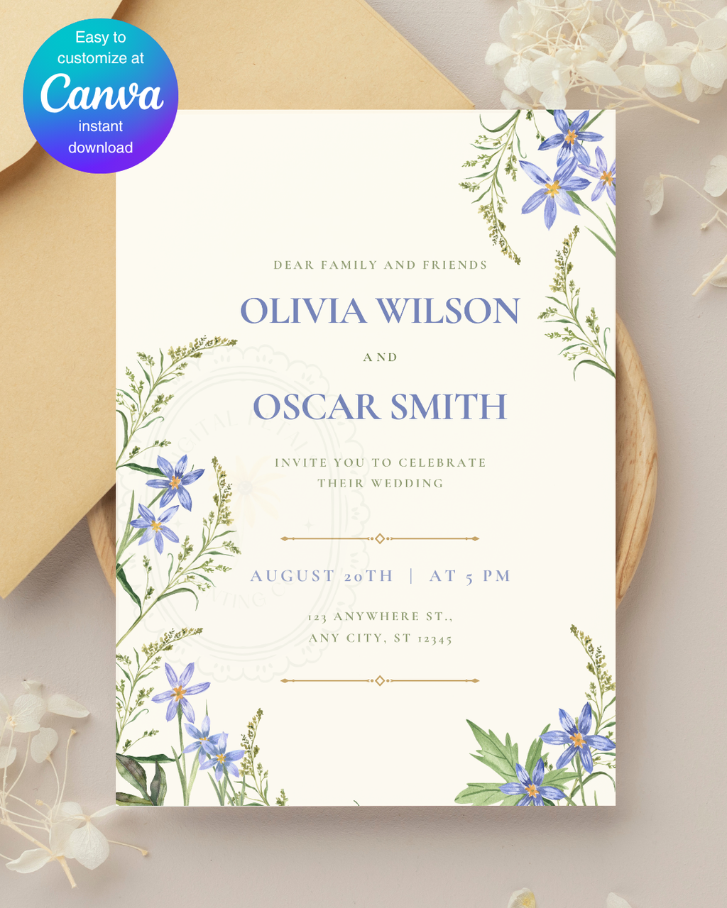 Powder Blue Wildflower Wedding Invitation | Minimalist Printable Invite | Digital Download