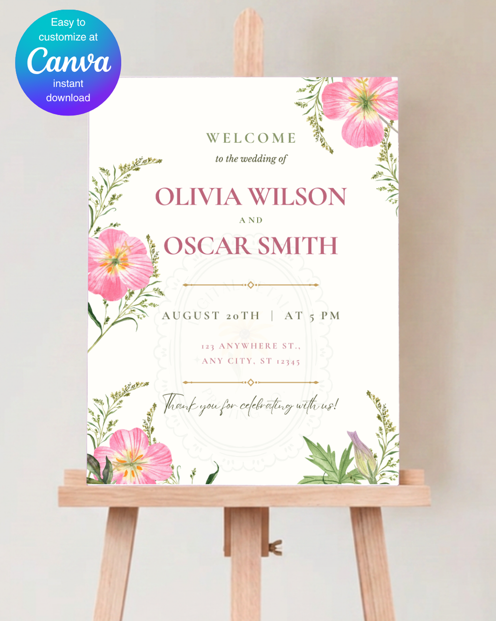 Pink Wildflower Wedding Welcome Sign | Editable Canva Template | Digital Download