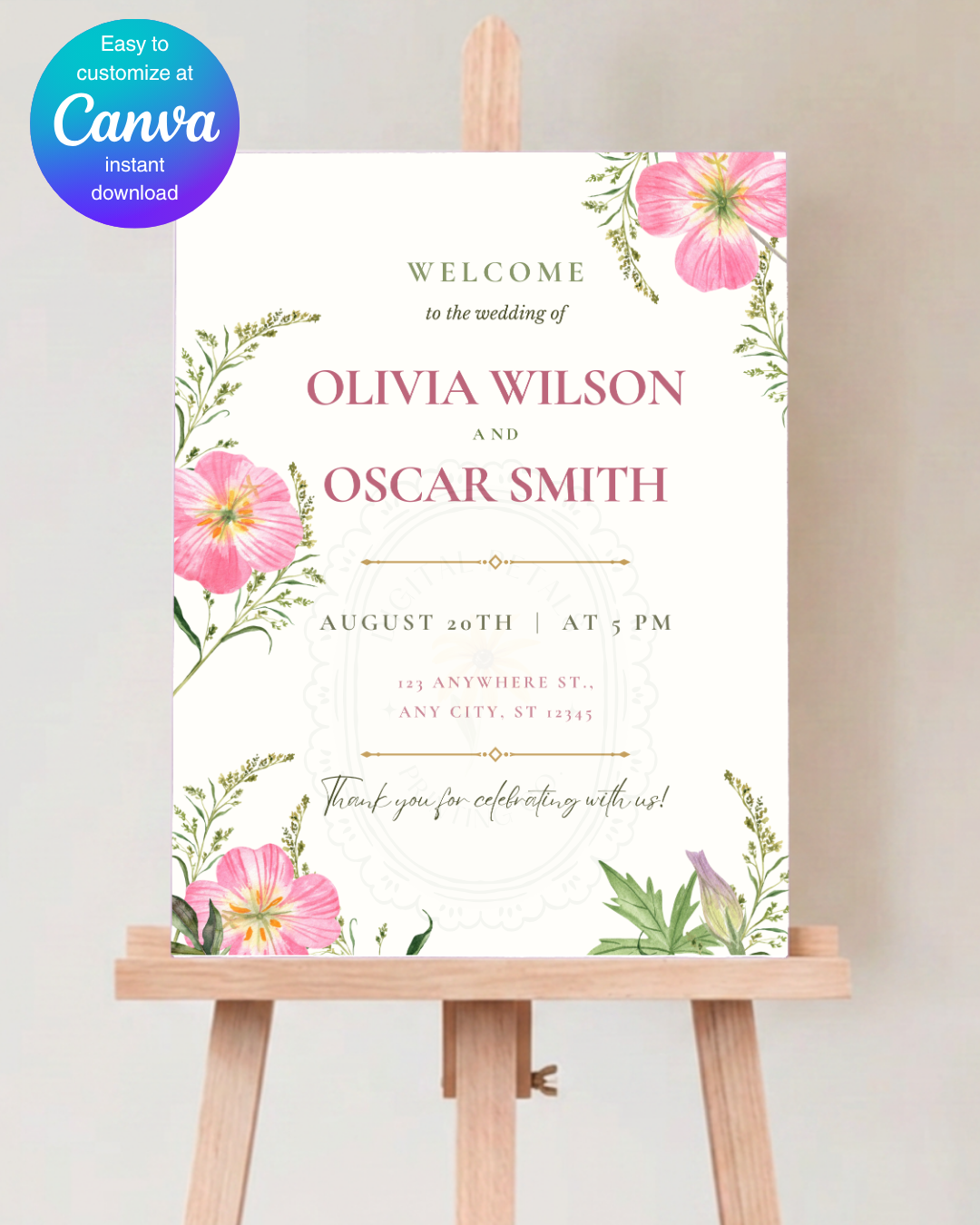 Pink Wildflower Wedding Welcome Sign | Editable Canva Template | Digital Download