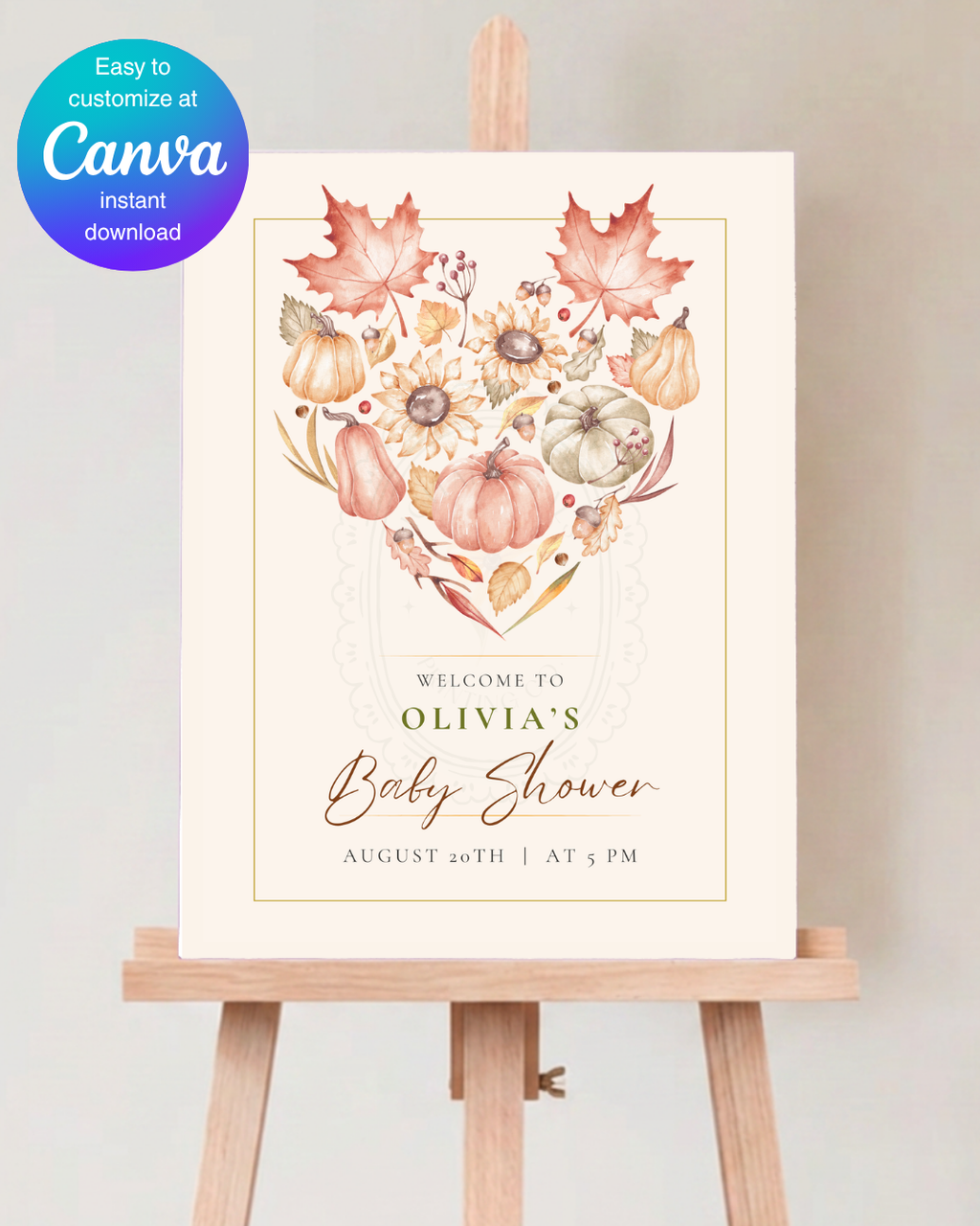 Burgundy Fall Leaves Watercolor Baby Shower Welcome Sign Template | Editable Digital Download