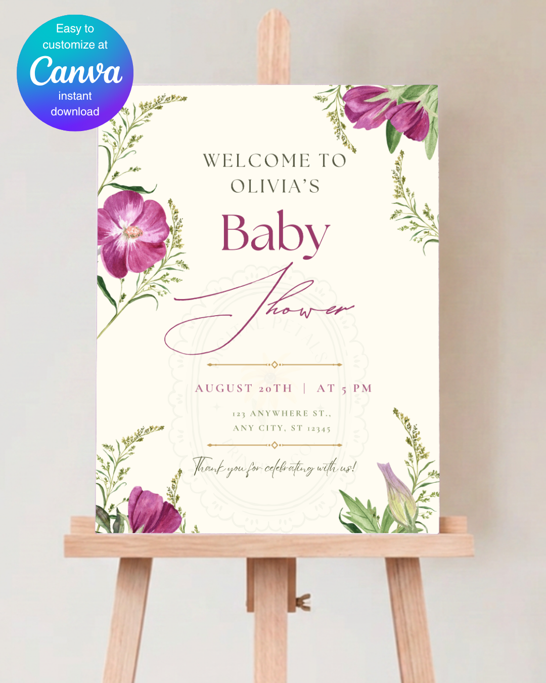 Lavender & Lilac Wildflower Baby Shower Welcome Sign | Editable Canva Template | Digital Download