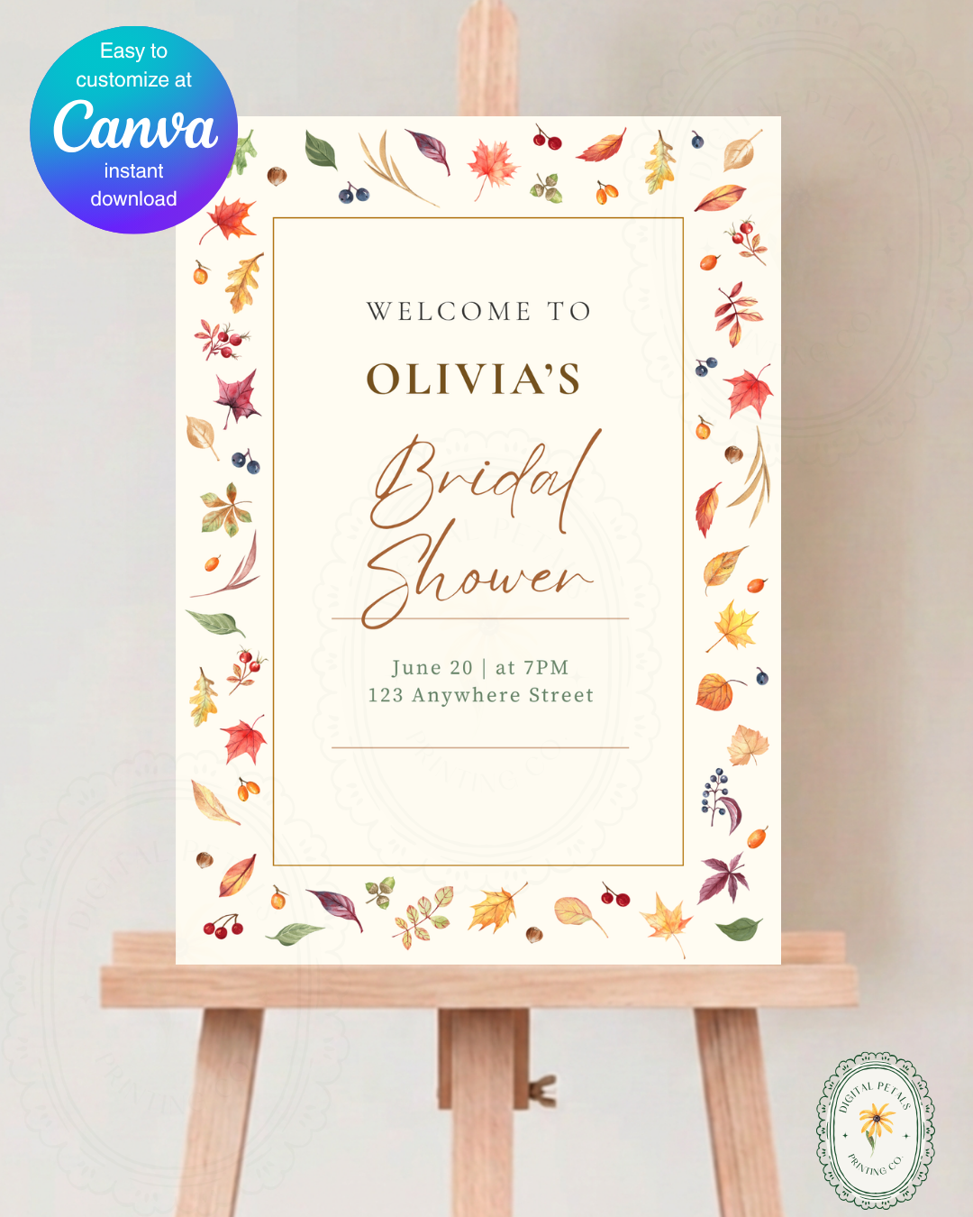 Terracotta & Cream Fall Leaves Bridal Shower Welcome Sign | Editable Canva Template | Digital Download