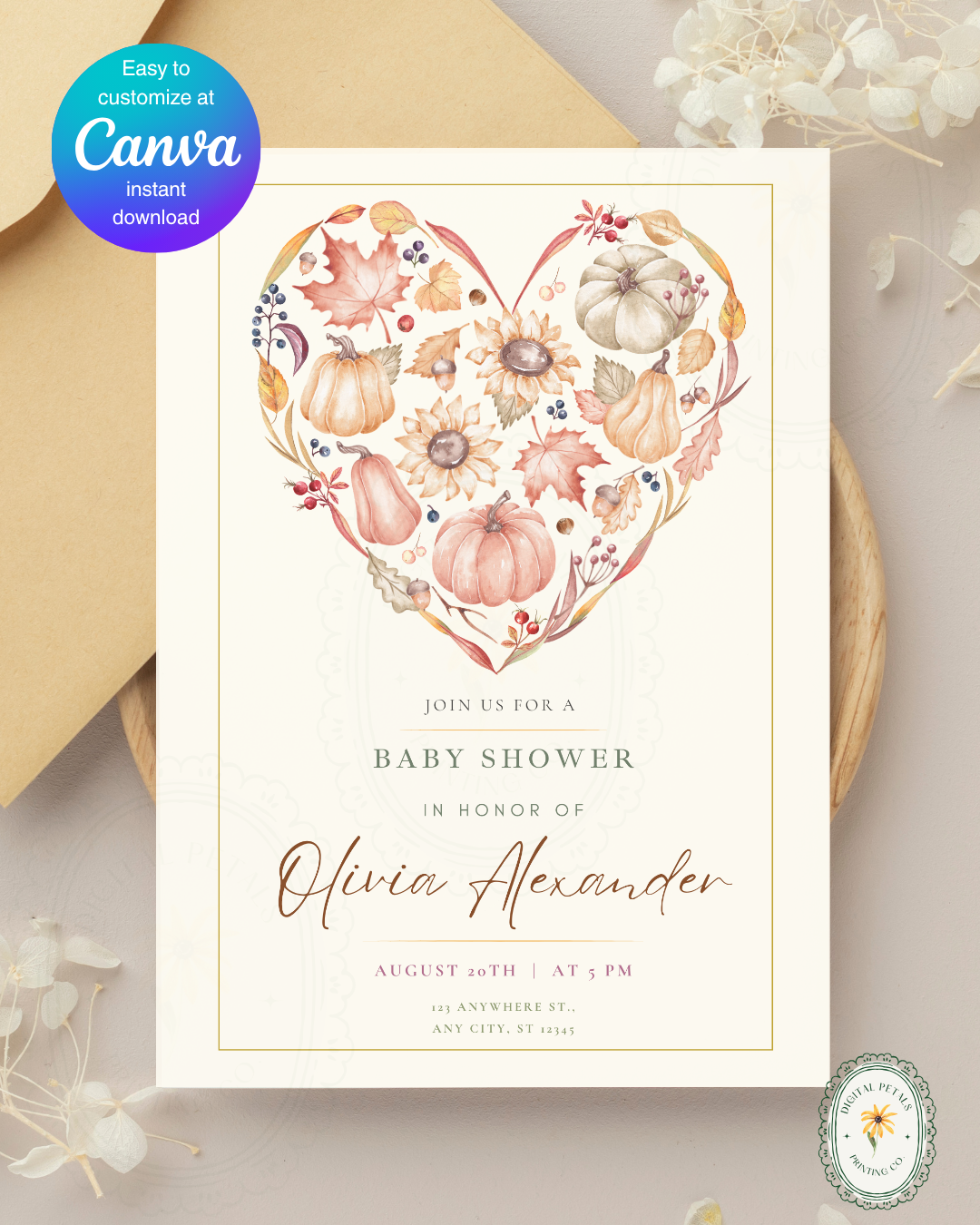 Terracotta & Rust Autumn Heart Baby Shower Invitation | Printable Floral Invite | Digital Download