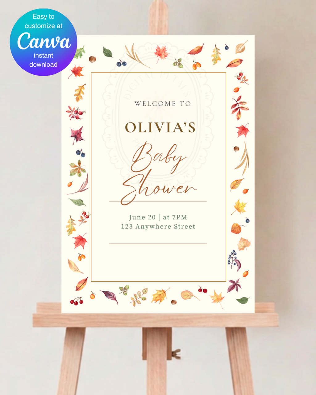 Terracotta & Cream Fall Leaves Baby Shower Welcome Sign | Editable Canva Template | Digital Download