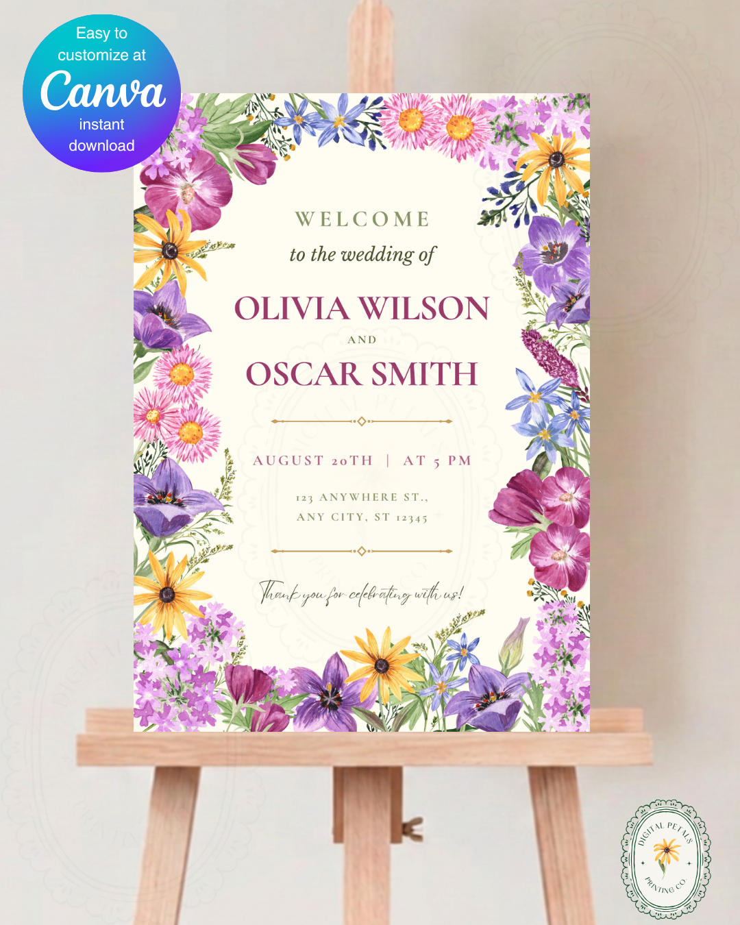 Boho Colorful Wildflower Wedding Welcome Sign | Editable Canva Template | Digital Download