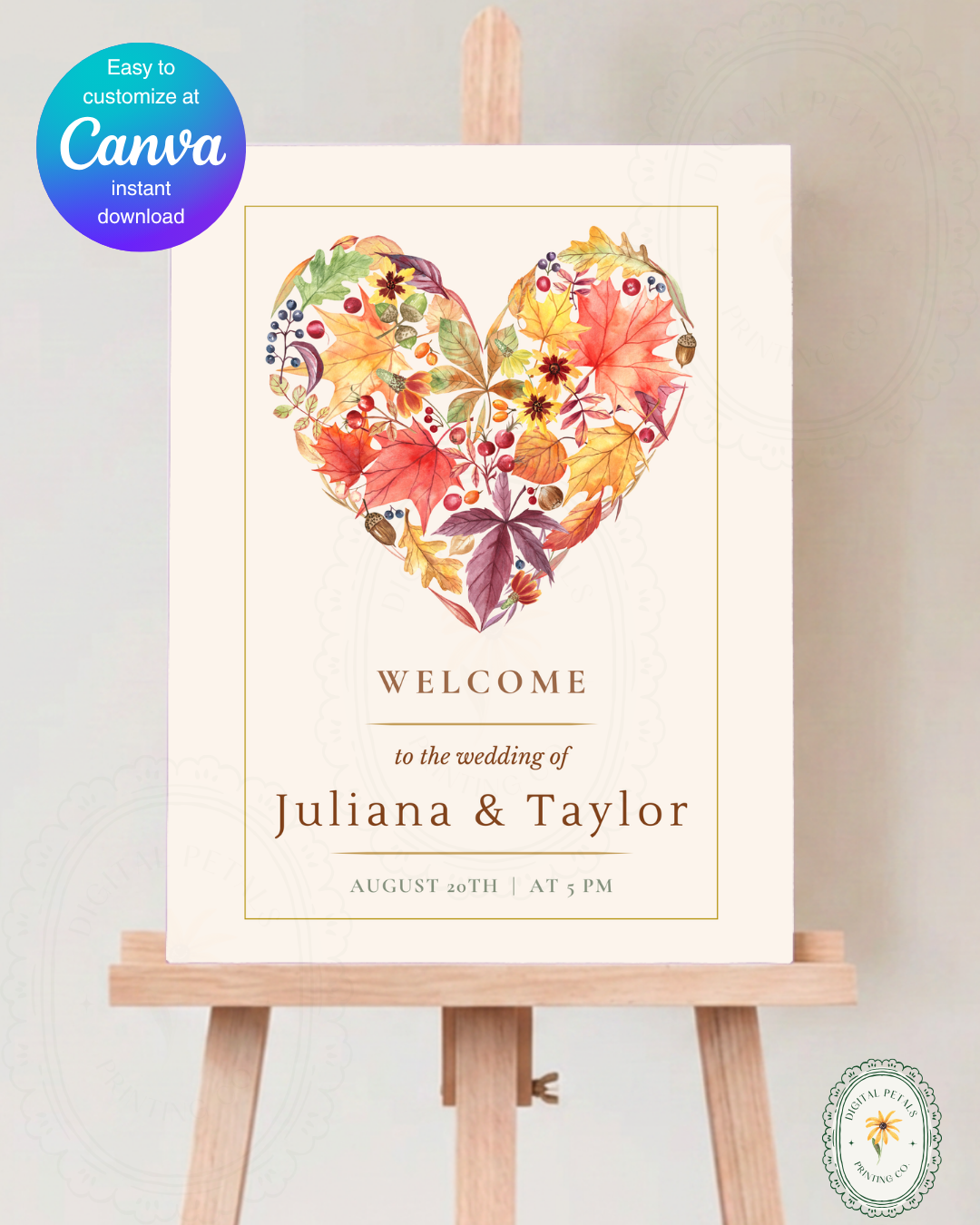 Terracotta & Rust Fall Heart Wedding Welcome Sign | Editable Canva Template | Instant Digital Download