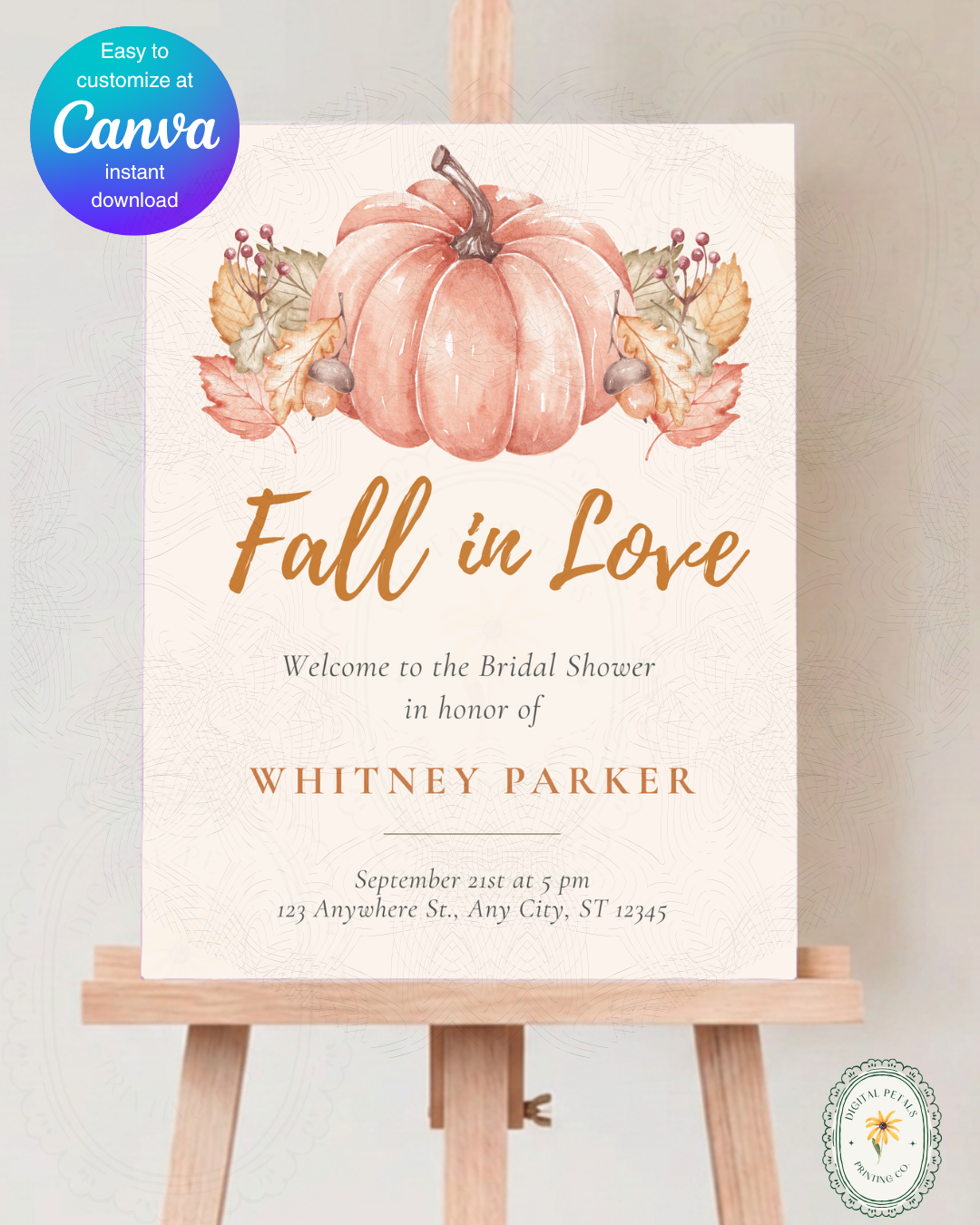 Terracotta & Rust Pumpkin Bridal Shower Welcome Sign | Fall in Love Digital Template