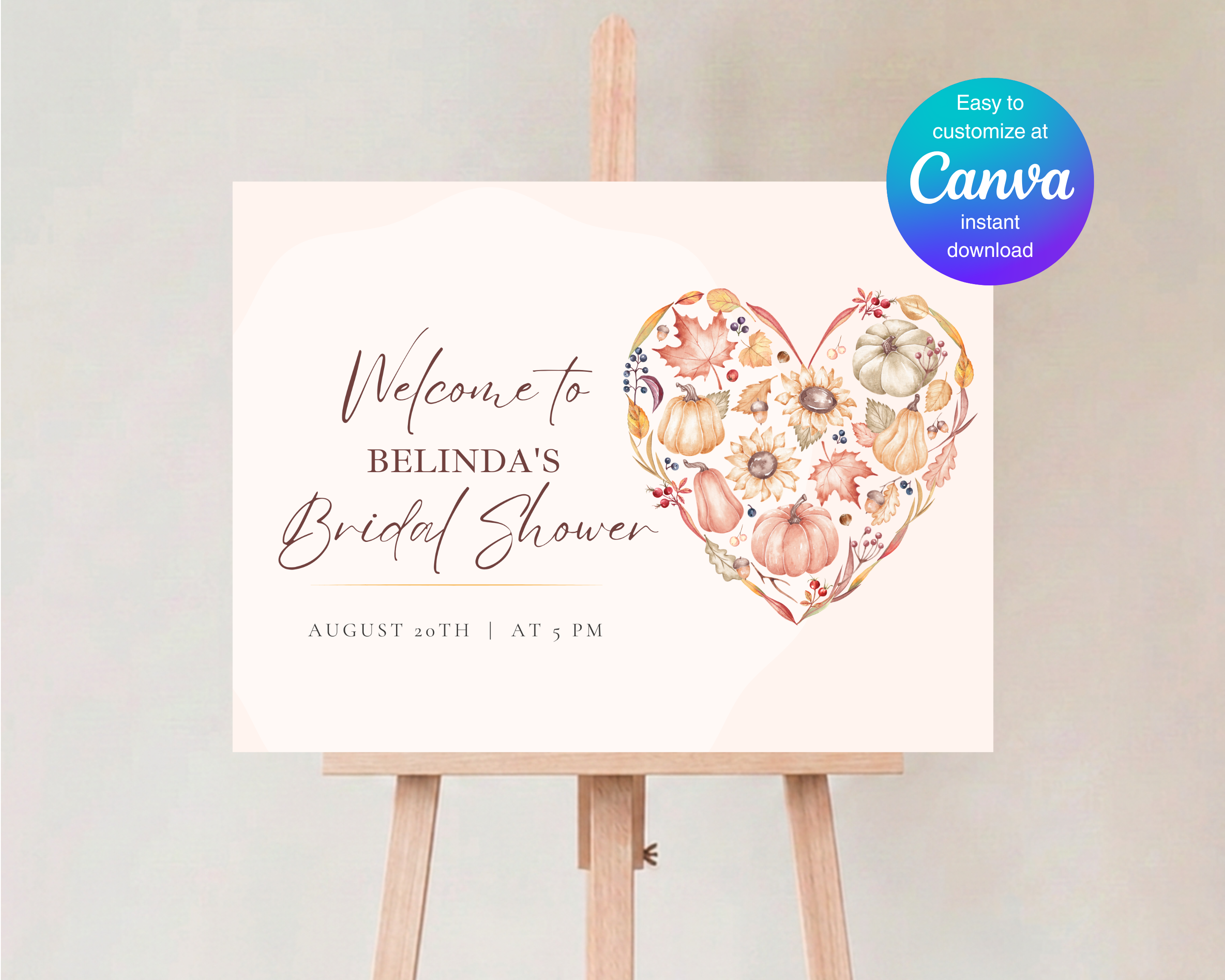 Autumn Bridal Shower Welcome Sign | Rustic Heart Floral Border | Editable Canva Digital Download | Print at Home