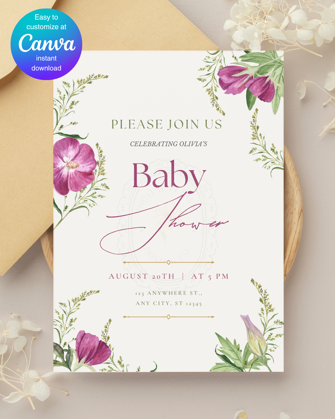Purple Wildflower Baby Shower Invitation | Minimalist Printable Invite | Digital Download