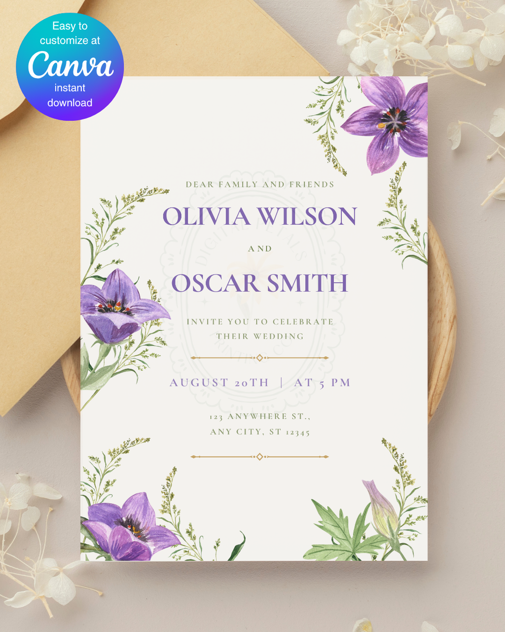 Violet Wildflower Wedding Invitation | Minimalist Printable Invite | Digital Download