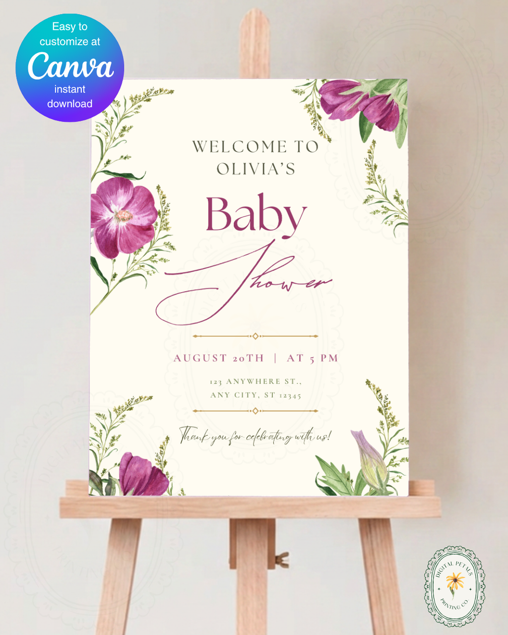Lavender & Lilac Wildflower Baby Shower Welcome Sign | Editable Canva Template | Digital Download
