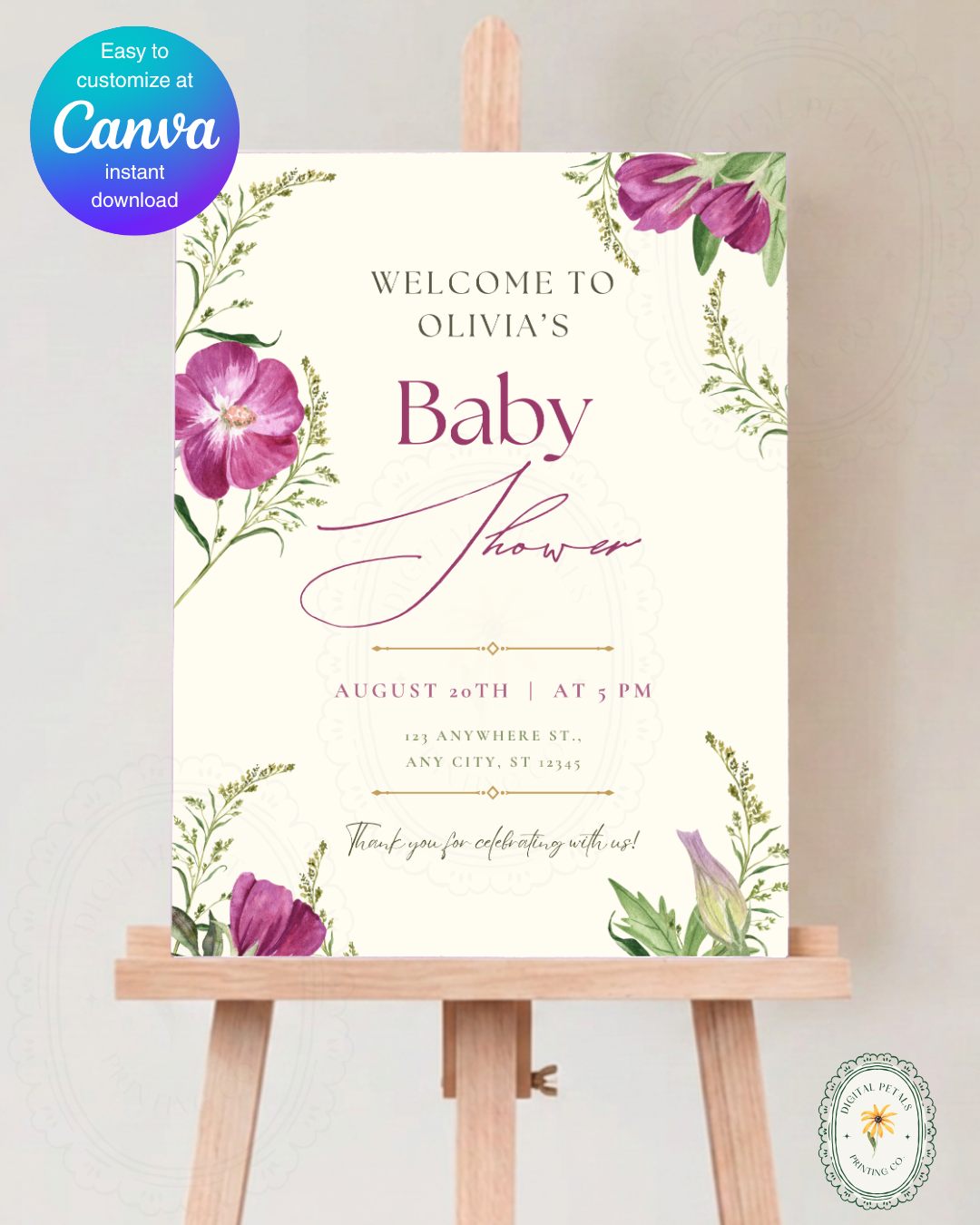 Lavender & Lilac Wildflower Baby Shower Welcome Sign | Editable Canva Template | Digital Download