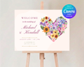 Wildflower Wedding Welcome Sign | Boho Floral Heart Border | Editable Canva Digital Download | Print at Home