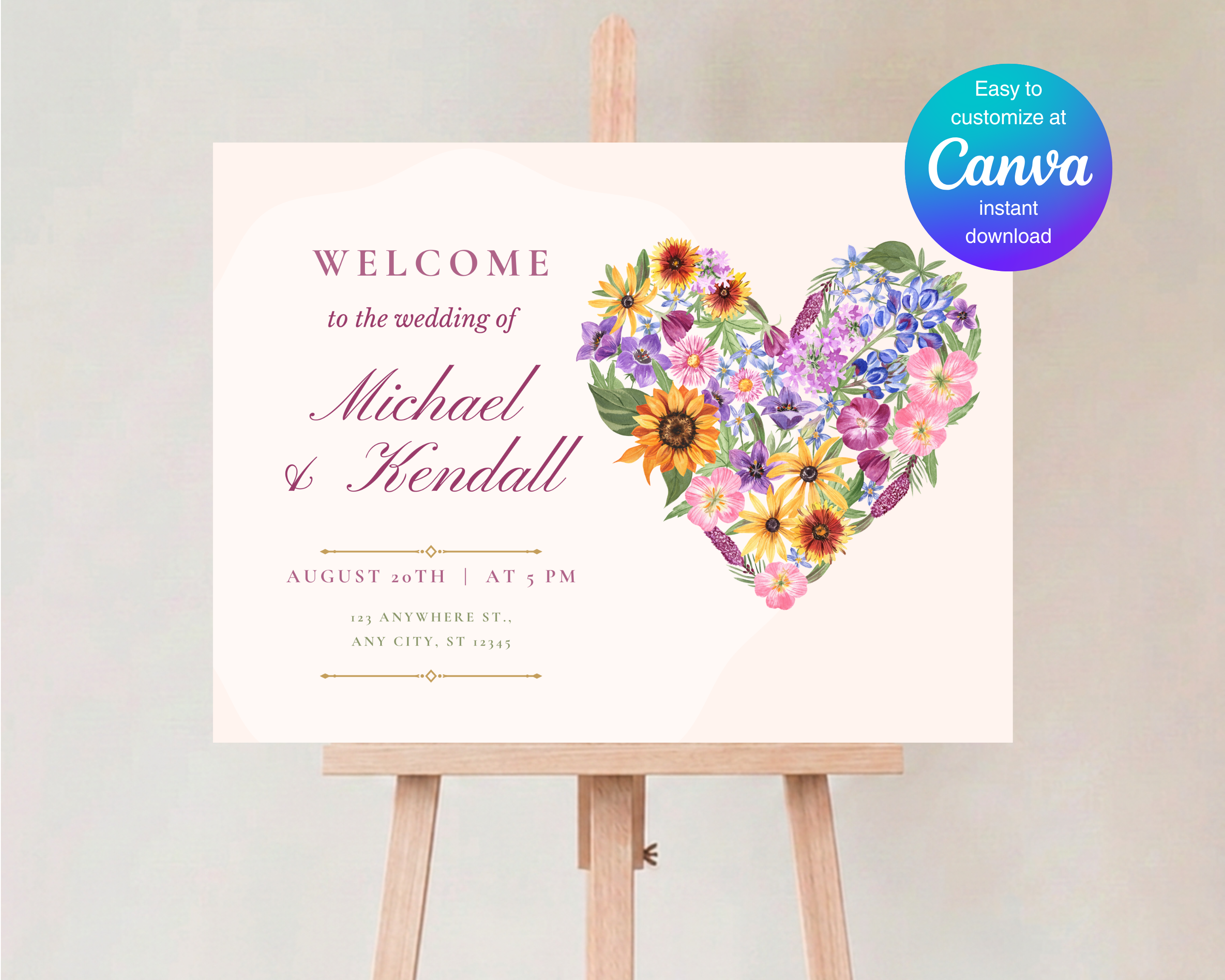 Wildflower Wedding Welcome Sign | Boho Floral Heart Border | Editable Canva Digital Download | Print at Home
